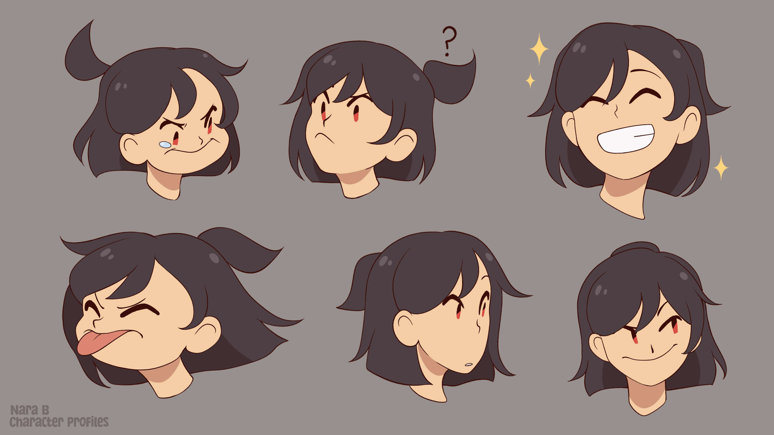 Six cartoon character profile images of a girl with black hair in various emotional expressions. Expression sheet.