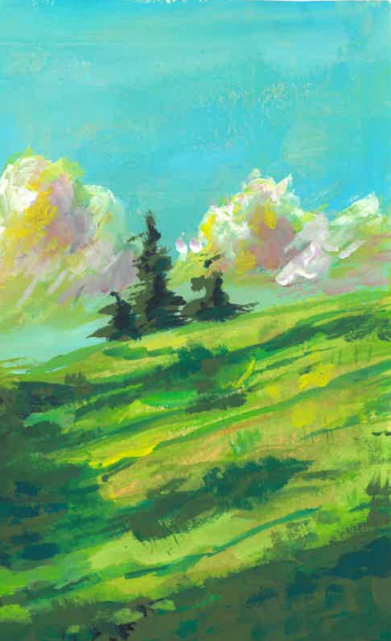 A landscape painting of rolling green hills, trees, and a blue sky with clouds.