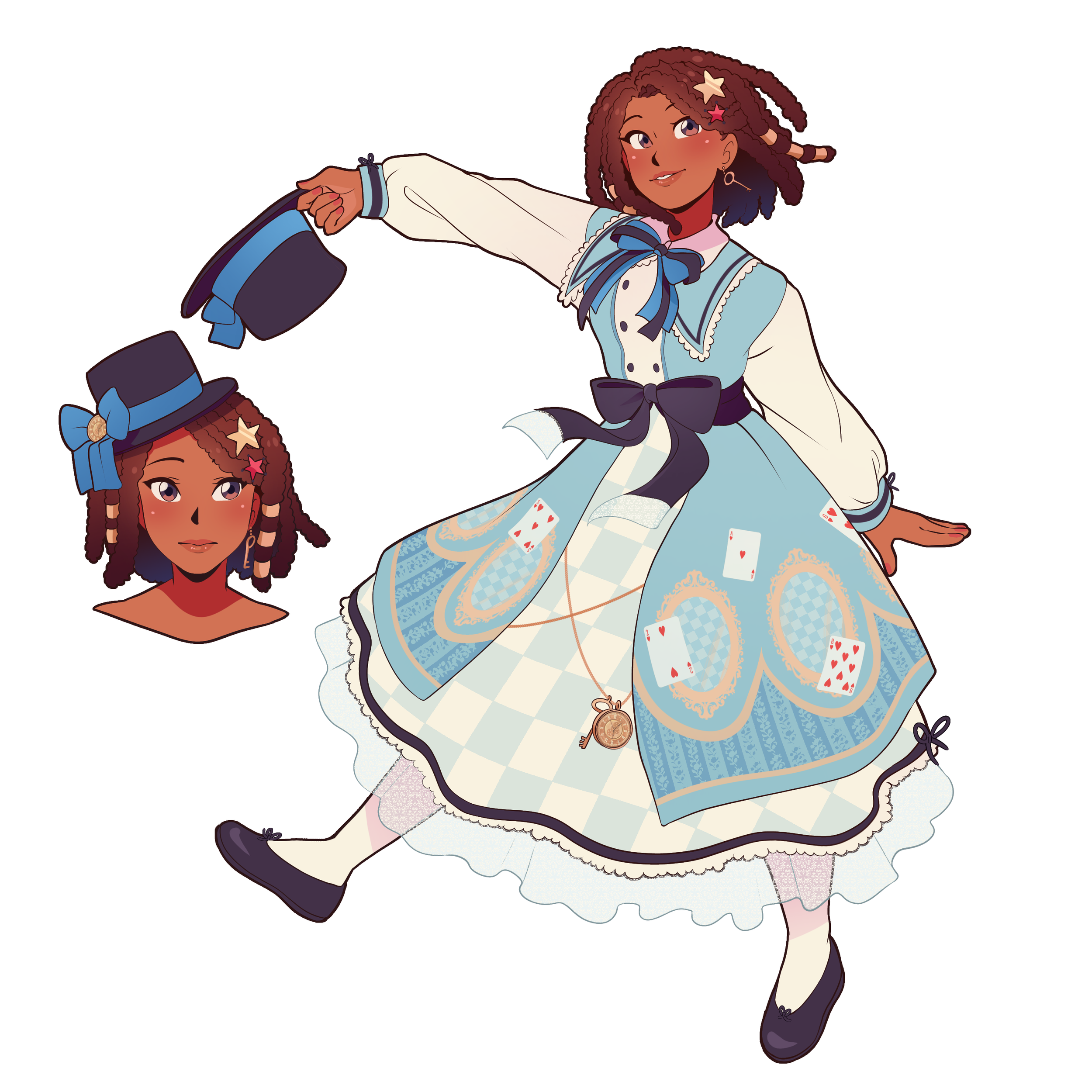 A young girl dressed in a whimsical blue and white dress with playing cards and vintage patterns, holding a top hat with a blue bow, resembling a whimsical character from a fairy tale.