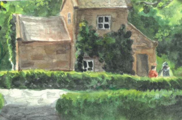 A watercolour painting of an old stone house with a sloped roof, surrounded by green trees and bushes, with a pathway in the front and two people walking nearby. Plein-air. Environment painting.  