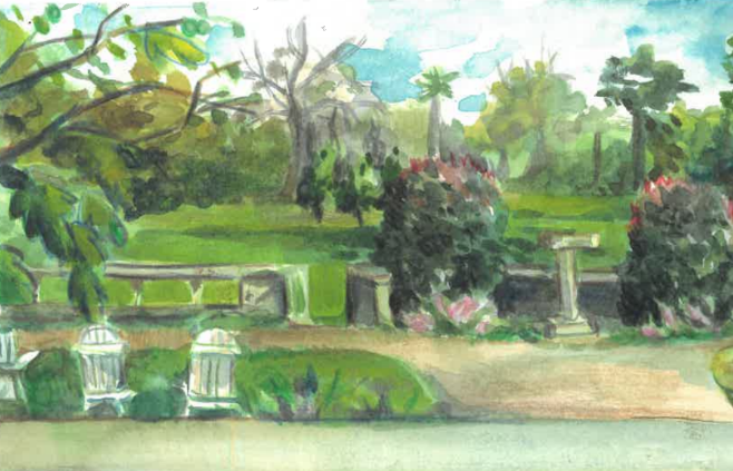 A watercolor painting of a lush garden with trees, bushes, and a stone pathway.