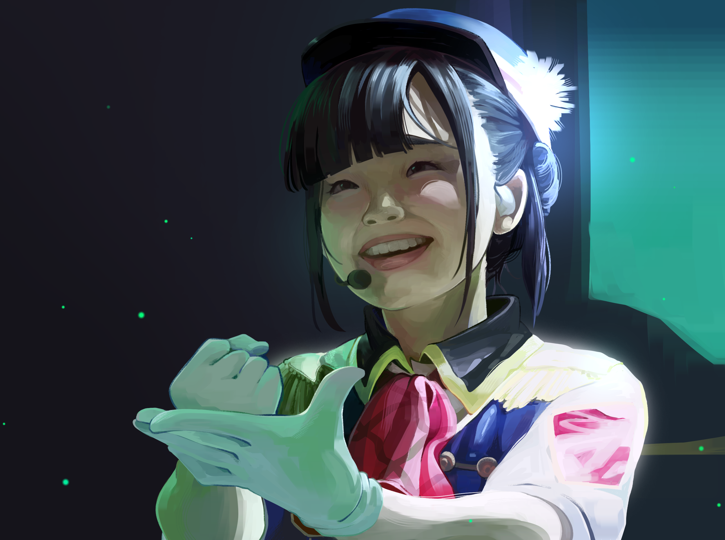 Digital illustration of a young woman with short black hair, wearing a headset and a colorful costume, smiling and gesturing with her hand in a friendly manner.