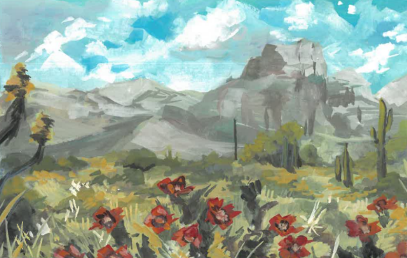 A landscape painting of a desert with mountains in the background, tall cacti, and red flowers in the foreground under a partly cloudy sky.