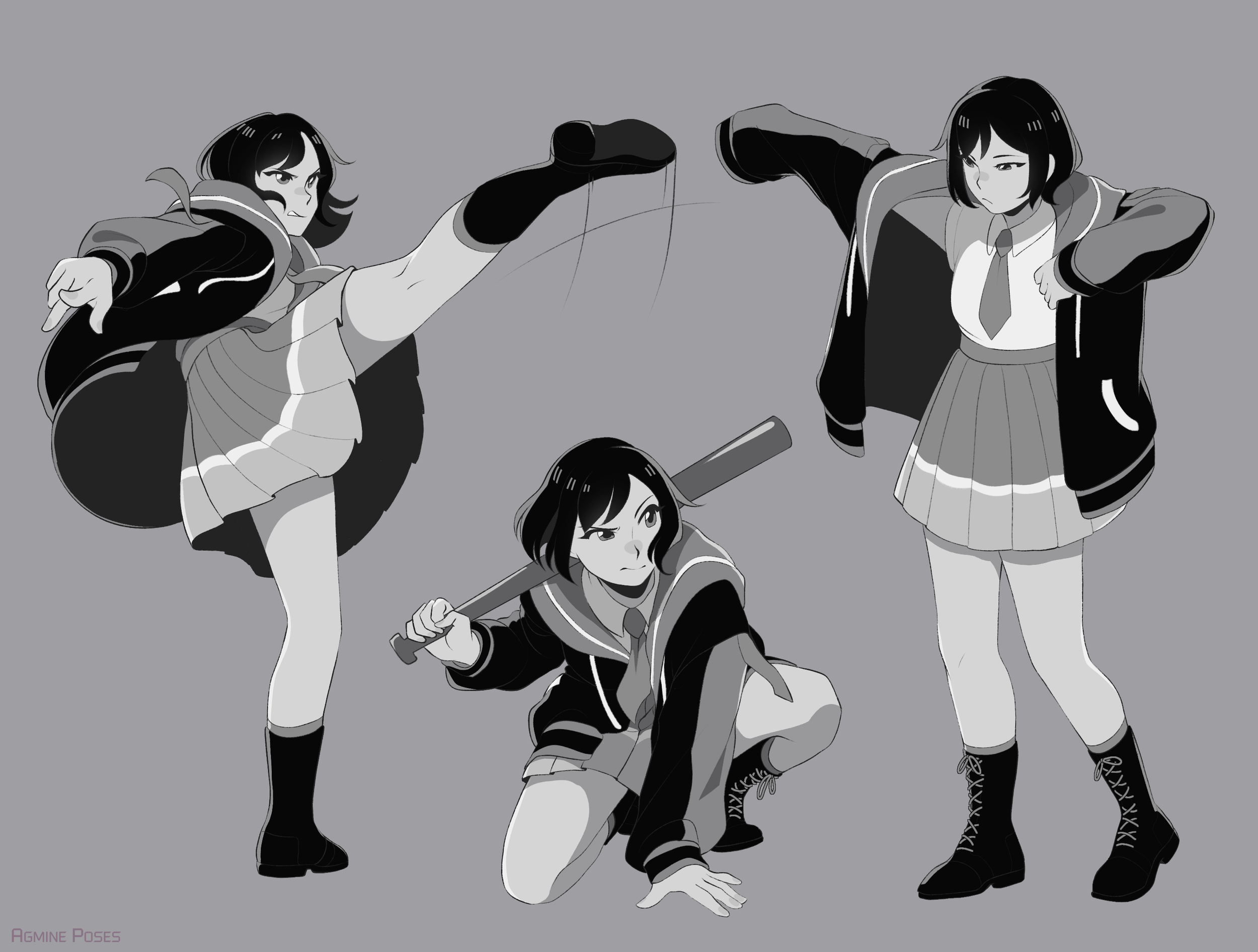 Three anime-style girls in school uniforms striking dynamic action poses against a gray background.