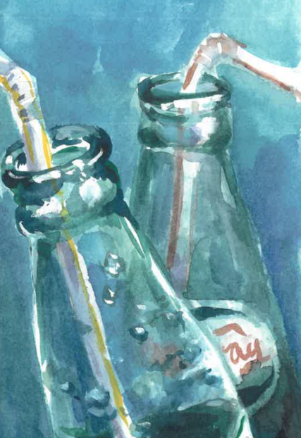 Watercolor painting of two glass soda bottles with striped straws
