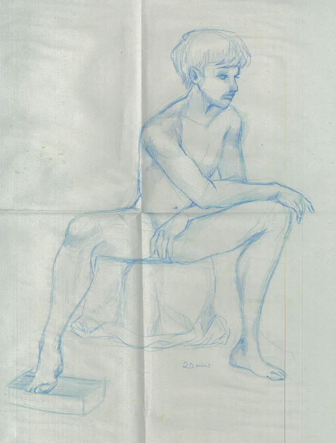 A hand-drawn sketch of a seated young male figure with short hair, sitting with one leg bent and resting on a block, and the other leg extended and bent at the knee, depicted in a classical pose.