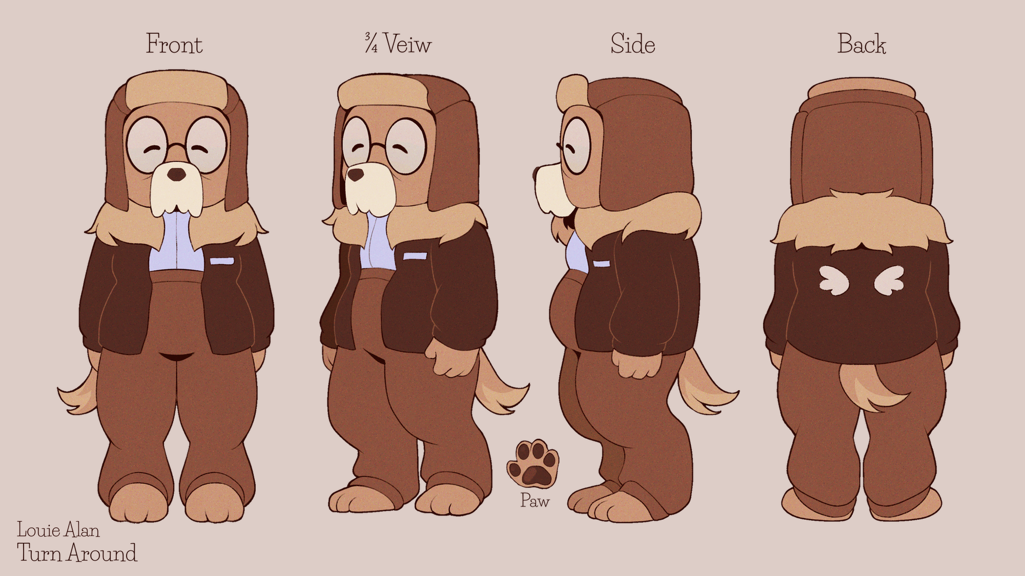 Illustration turn around of a cozy cartoon dog in four views: front, three-quarter, side, and back. The dog has glasses, a jacket, brown fur, and a fluffy tail. The back view shows white wings on the jacket.