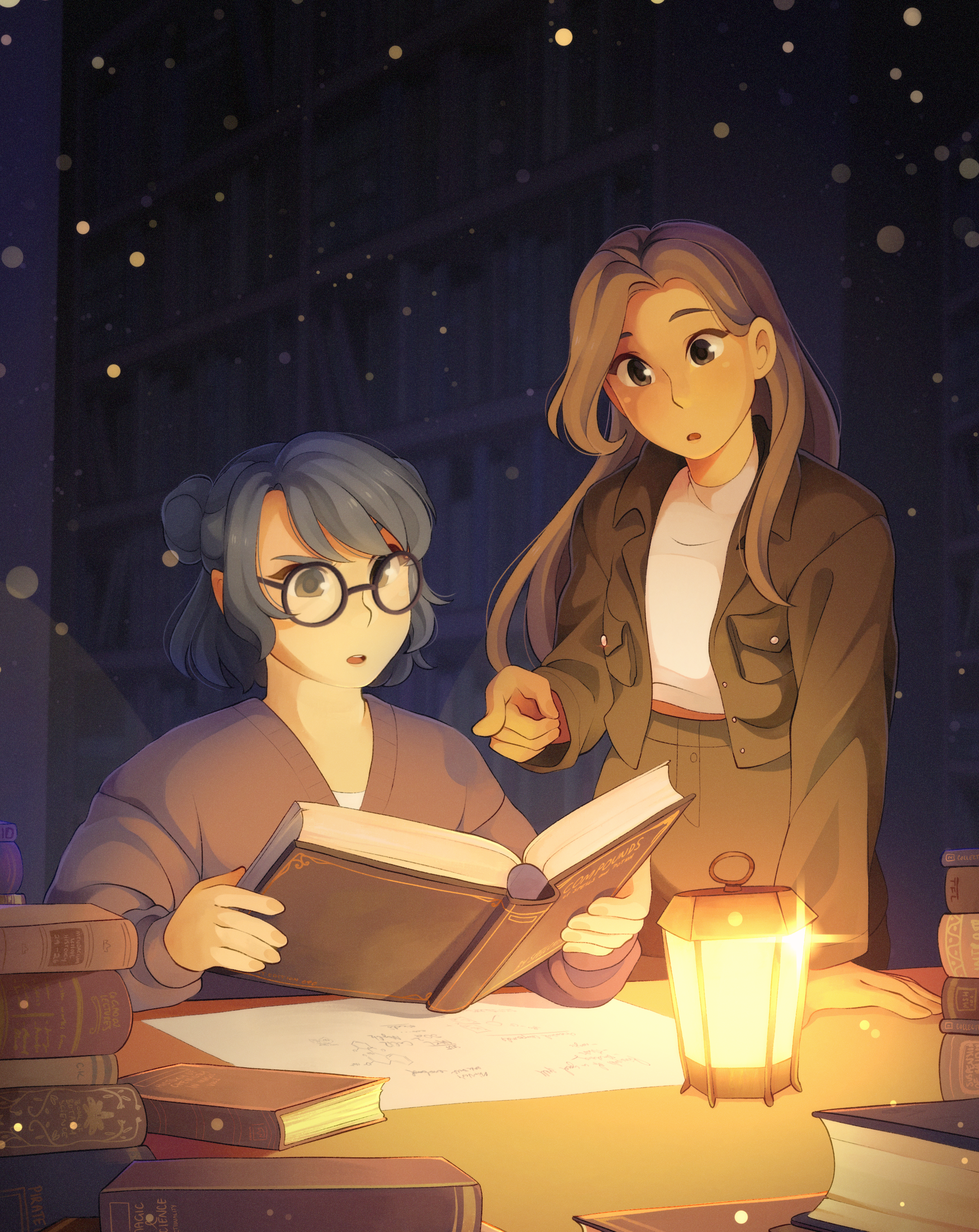 Two young women in a dimly lit room with bookshelves look at an open book. There is a lantern on the table illuminating their faces. Visual development. 