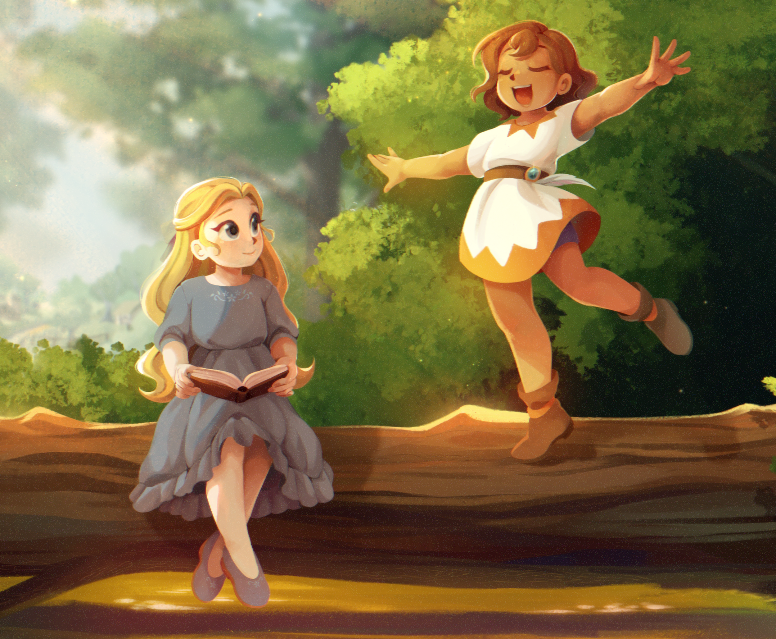 Two animated fairy-tale girls on a tree branch outdoors with green trees in background, one sitting holding a book and the other flying joyfully. Visual development illustration.
