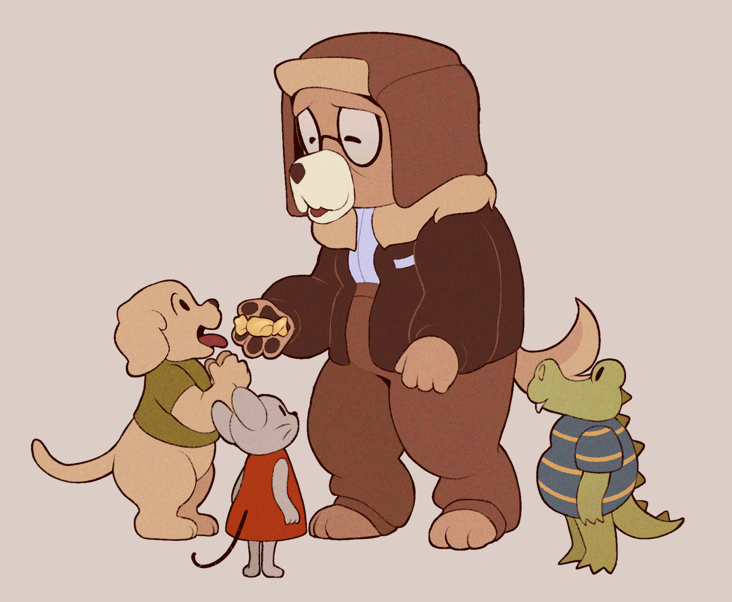Cartoon illustration of a dog character in a flight jacket holding a lolly, surrounded by animals including a dog, mouse and alligator.