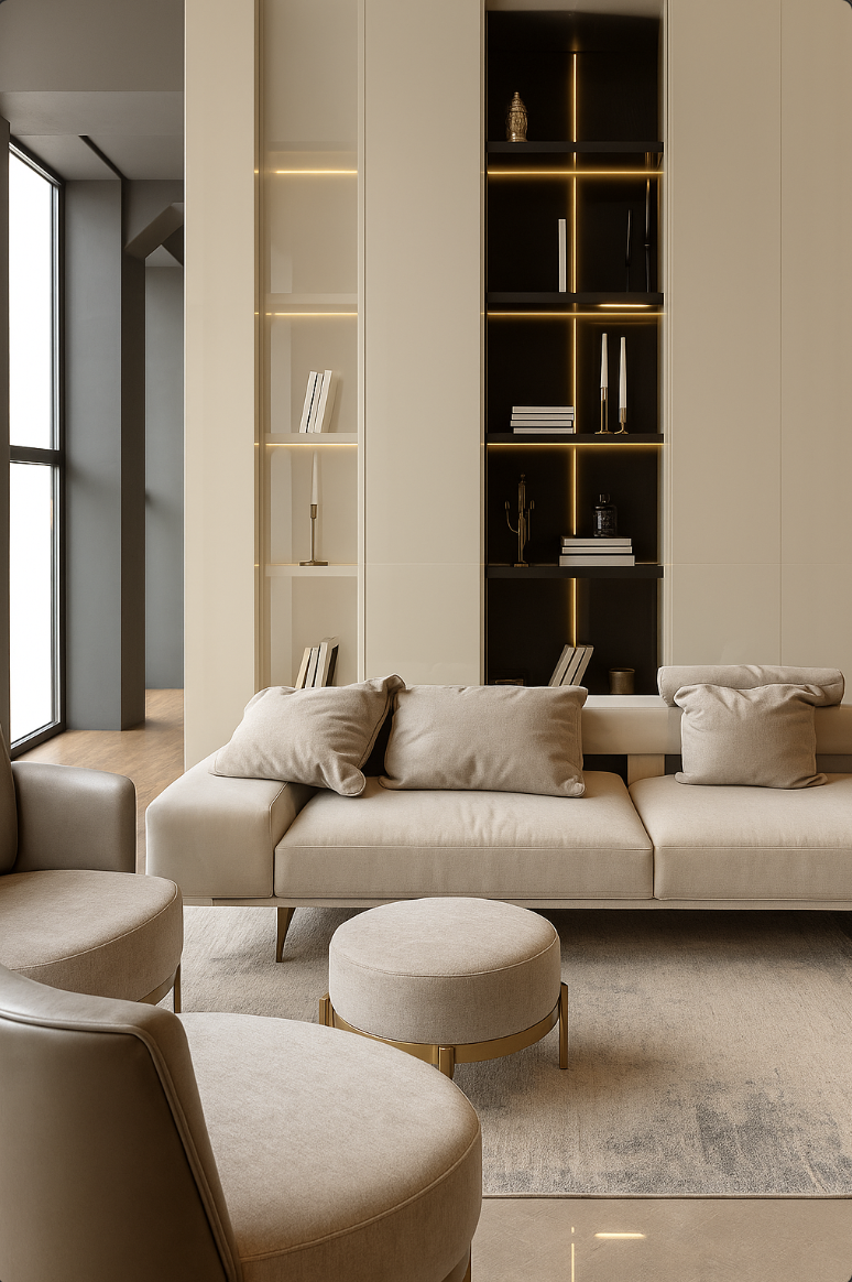 Sala moderna con sofá beige, sillones y mesas de centro en tonos neutros, estanterías con libros y decoraciones, y gran ventana con vista al exterior.