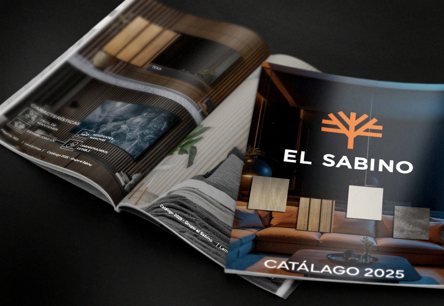 Catálogo de muebles y decoración de El Sabino, año 2025, mostrando una sala con cojines y cuadros de madera en la portada.