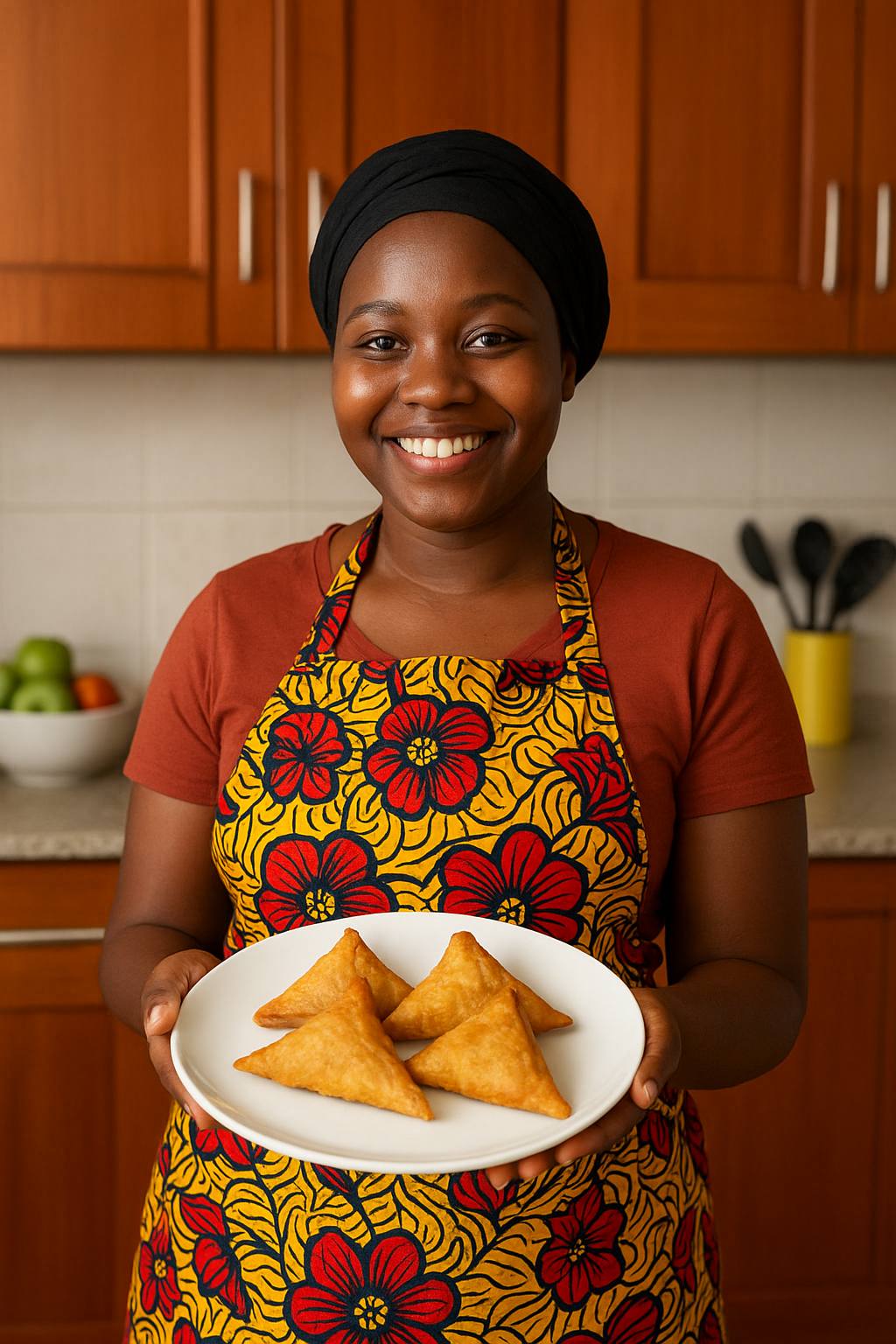 A woman in a colorful apron and black headscarf in a kitchen, holding a white plate of fried pastries and smiling.