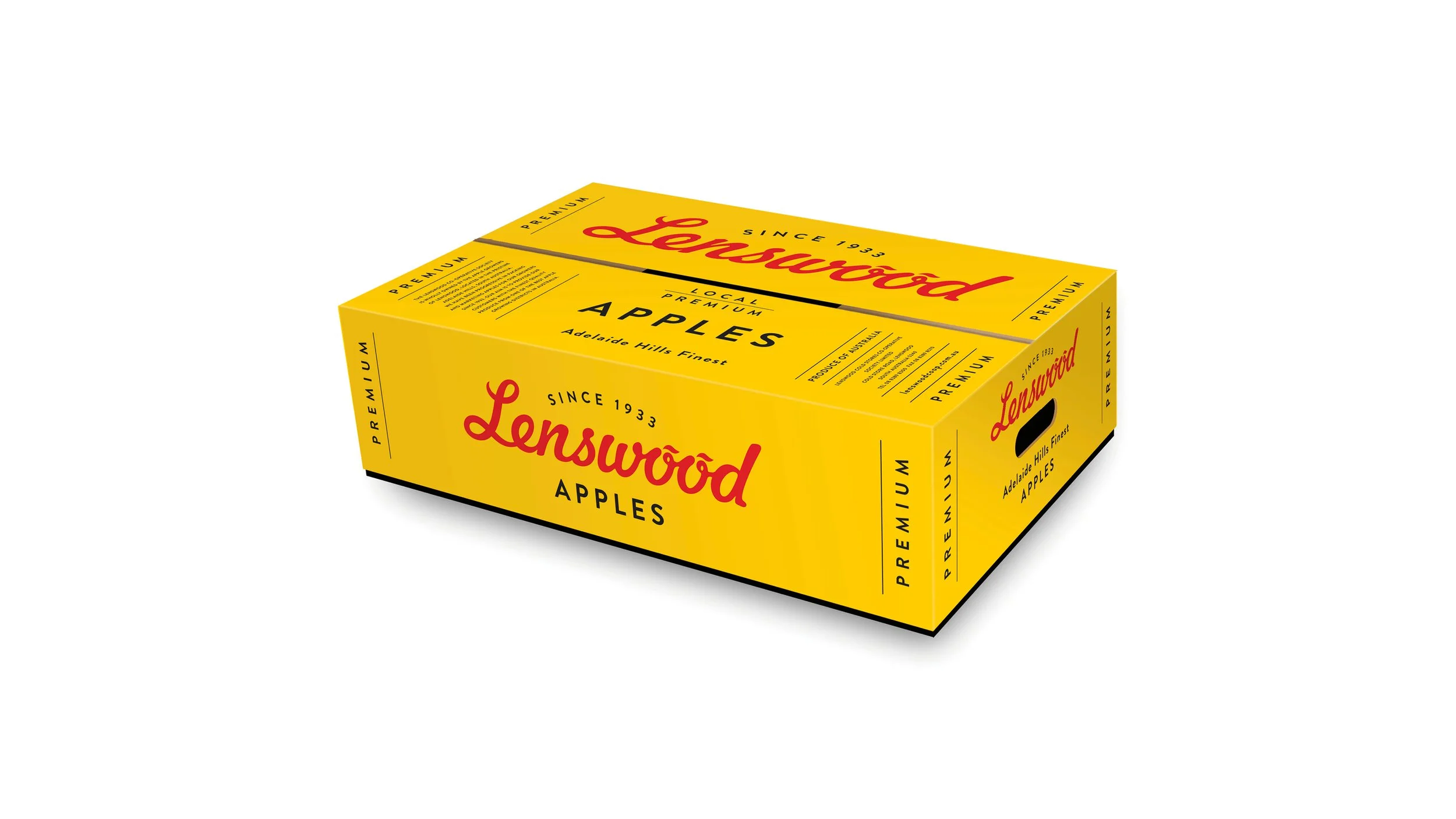 Yellow box of Lenswood apples with red lettering and black accents, featuring text about apples from Adelaide Hills.