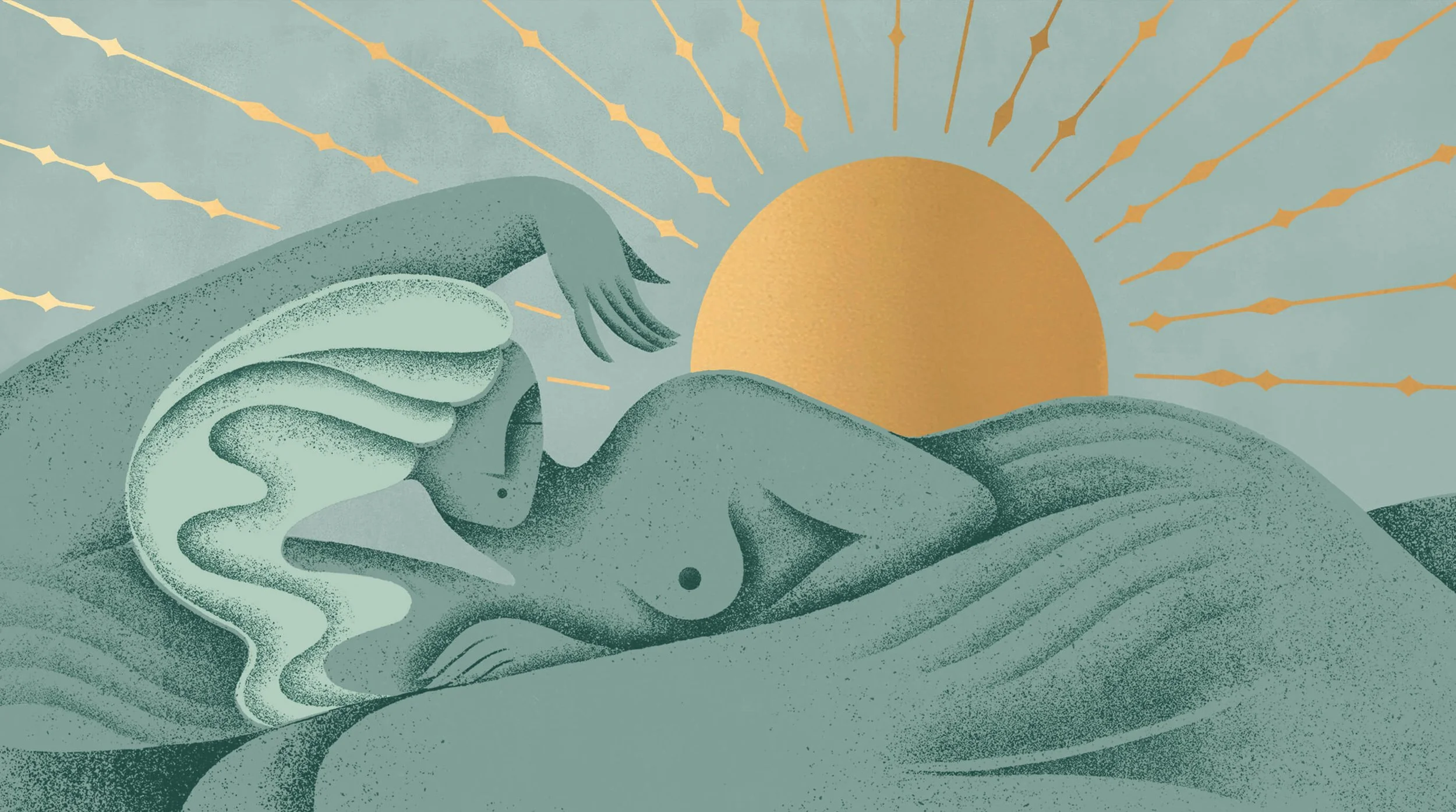 An artistic illustration of a woman with long, flowing hair lying on a mountain range with a sunrise in the background, rays emanating from the sun.