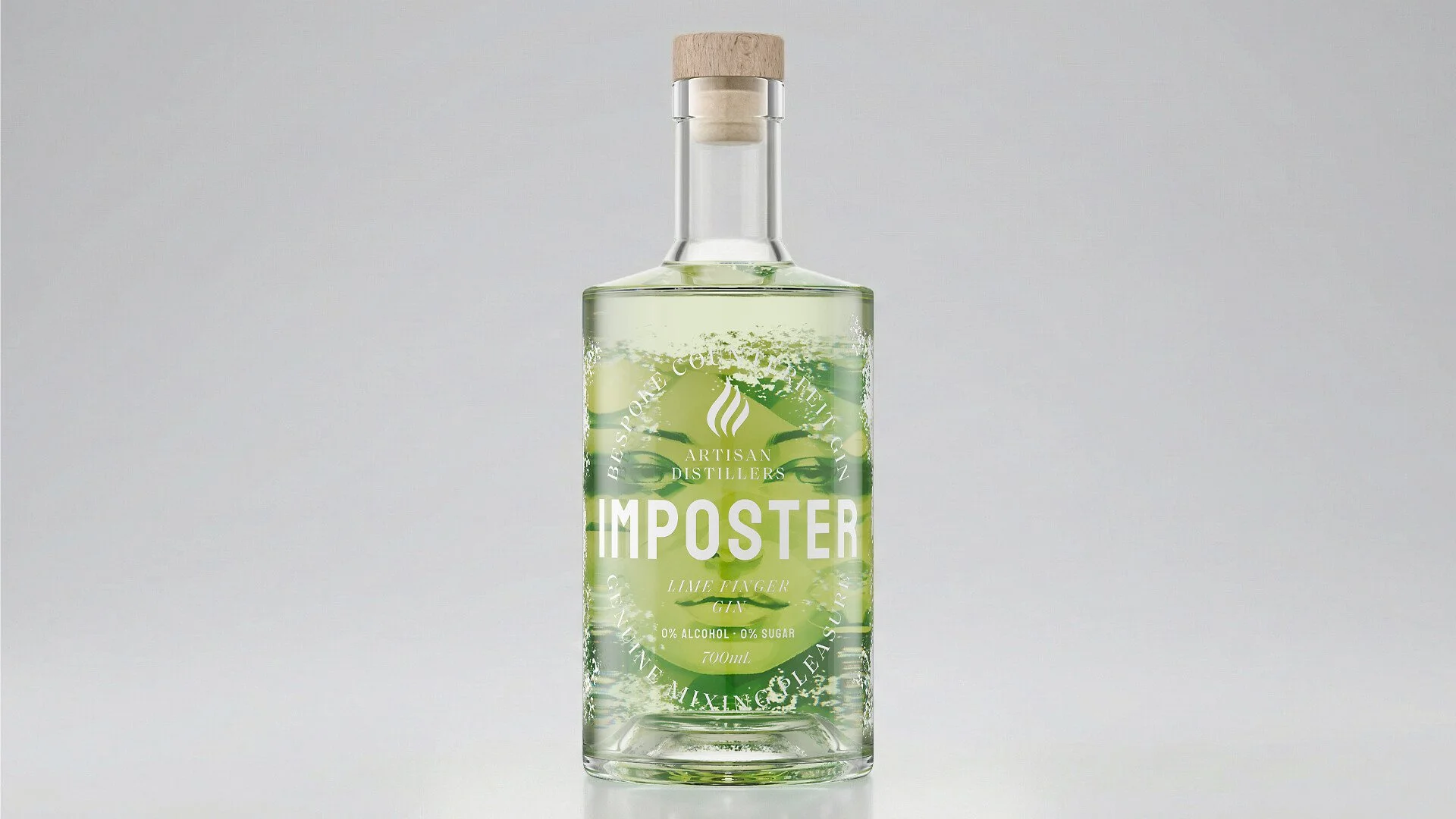 An after image of a clear glass bottle of lime-flavoured zero alcohol gin with a wooden cap, labeled 'IMPOSTER' from Artisan Distillers, with lime slices inside, set against a plain light background.