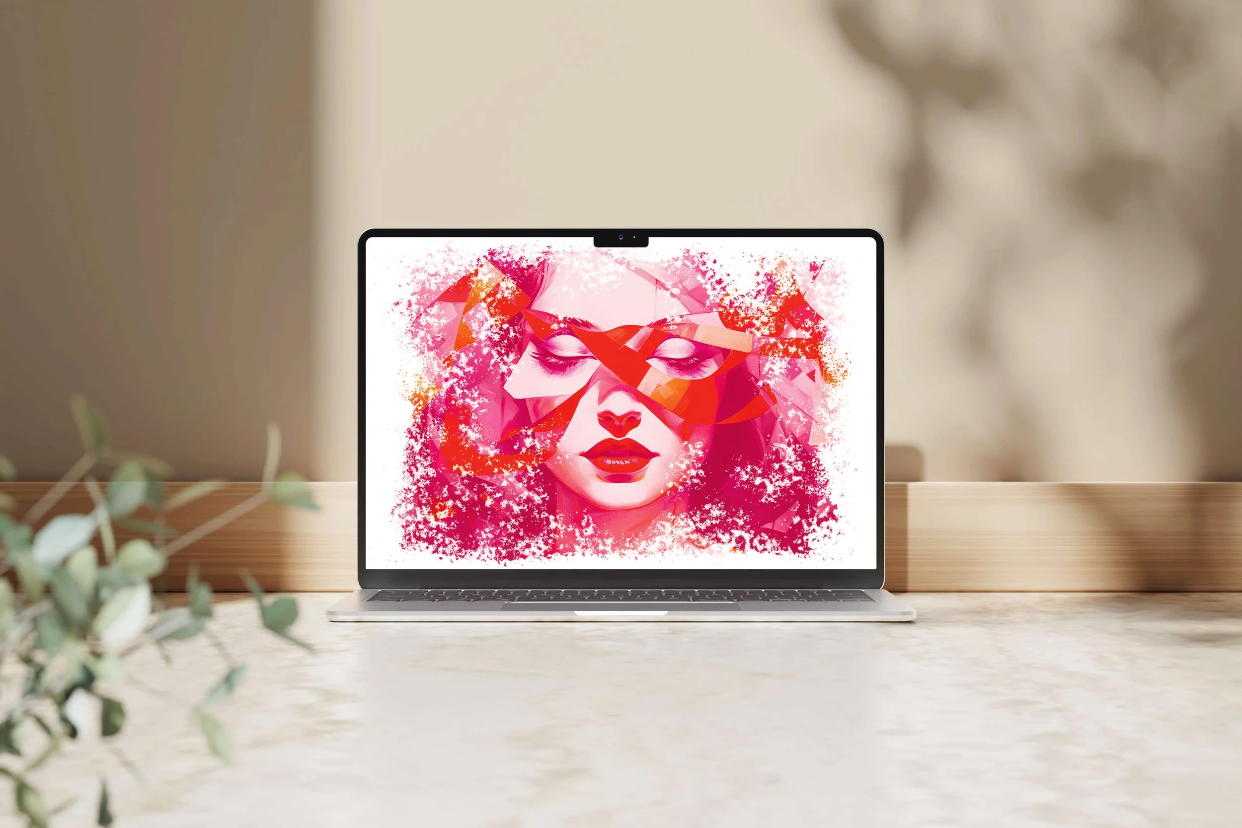 A laptop displaying an abstract digital artwork of a woman's face with closed eyes, surrounded by pink, orange, and red splashes and geometric shapes.