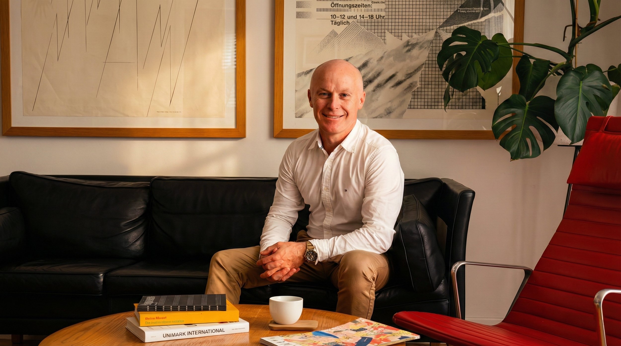 A smiling man with no hair, wearing a white shirt and tan pants, seated on a black leather couch in a modern office. Behind him are two framed abstract art pieces on the wall. On the wooden table in front of him are three books, one with a yellow cover, a white cup, and a magazine. To his right is a red modern chair, and there is a large green plant with big leaves nearby.