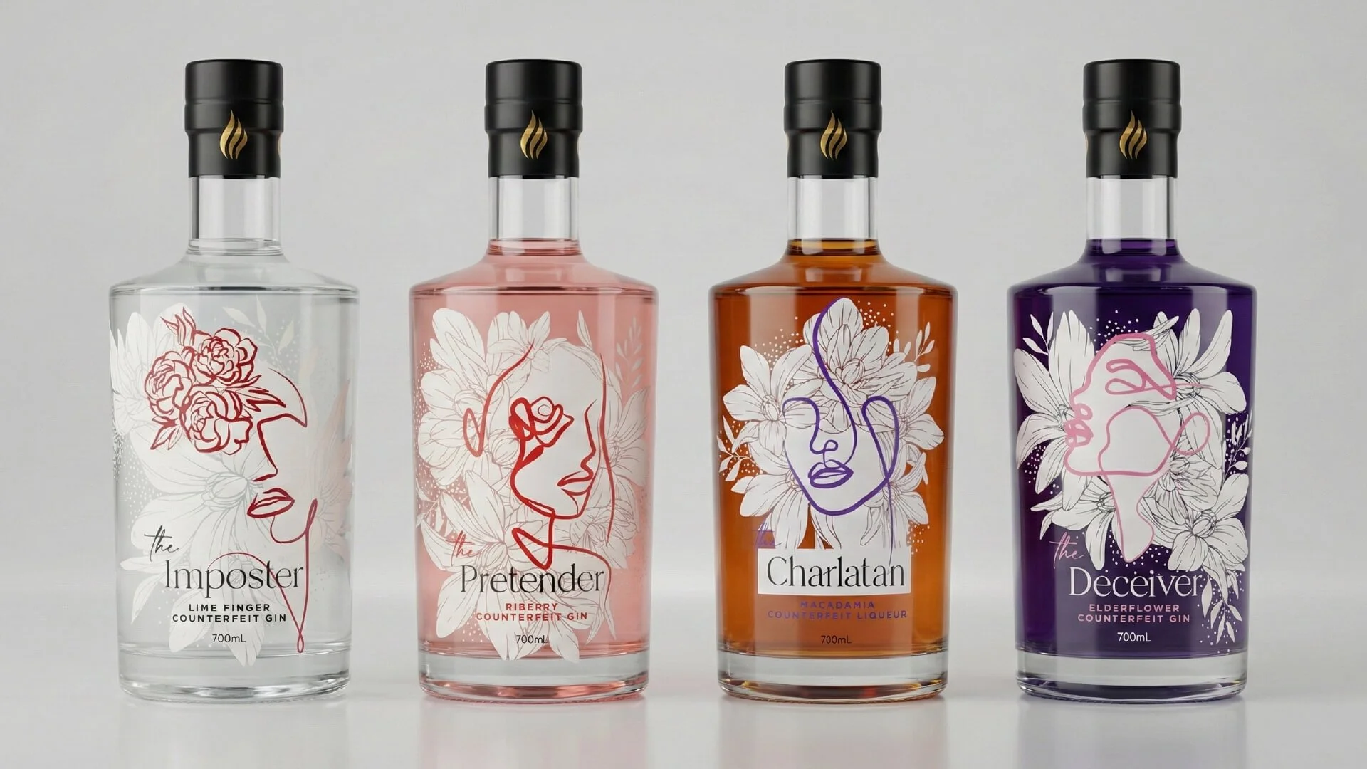 Four bottles of counterfeit gin with floral label art, each labeled with a different female archetype: Imposter, Pretender, Charlatan, Deceiver, with distinctive colors and designs.