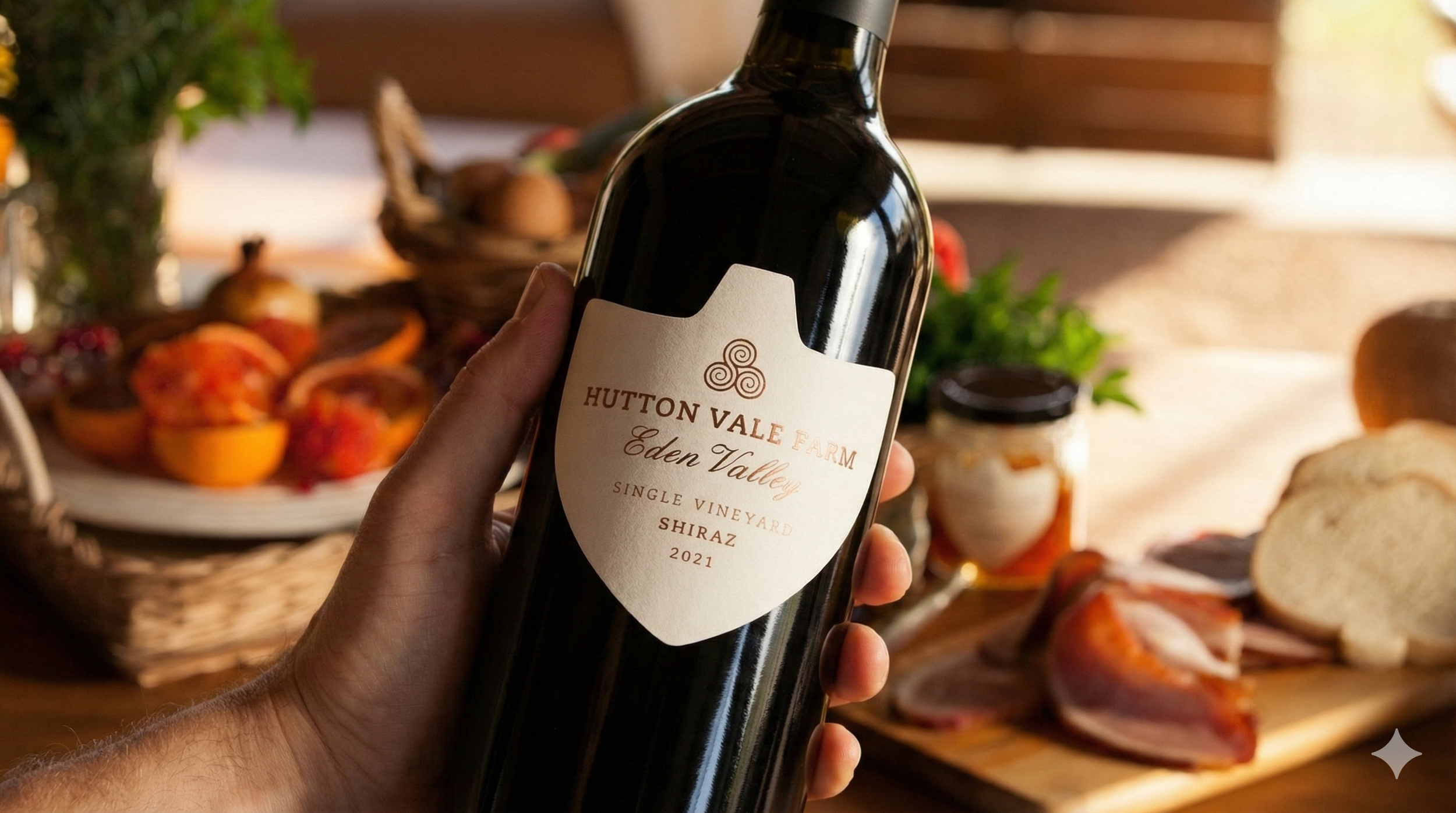 Person holding a bottle of Hutton Vale Farm Eden Valley Shiraz wine, with a rustic kitchen table of food in the background, including bread, chopped meats, fruit, and jars.
