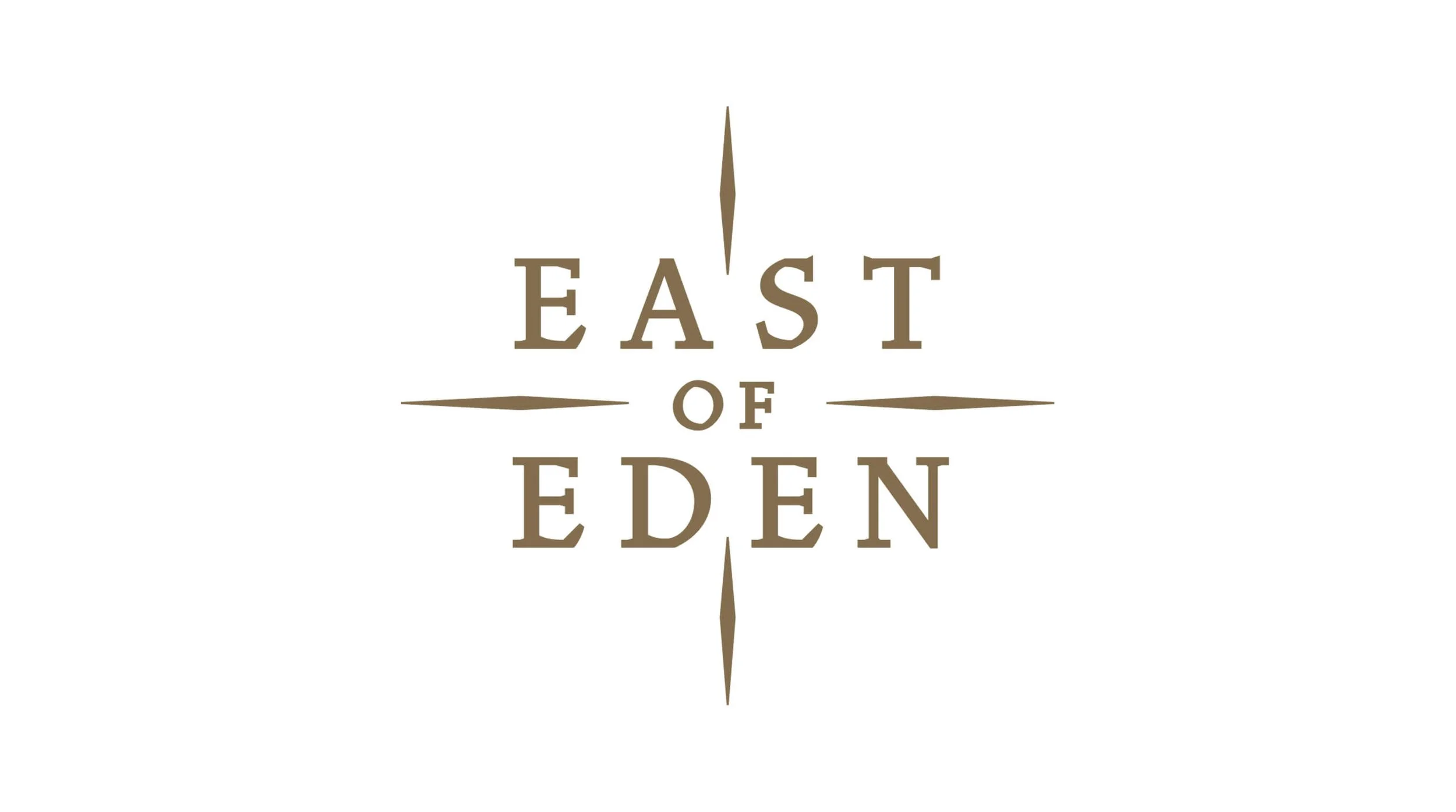 Logo for the winery East of Eden with stylised text and compass-like design elements.