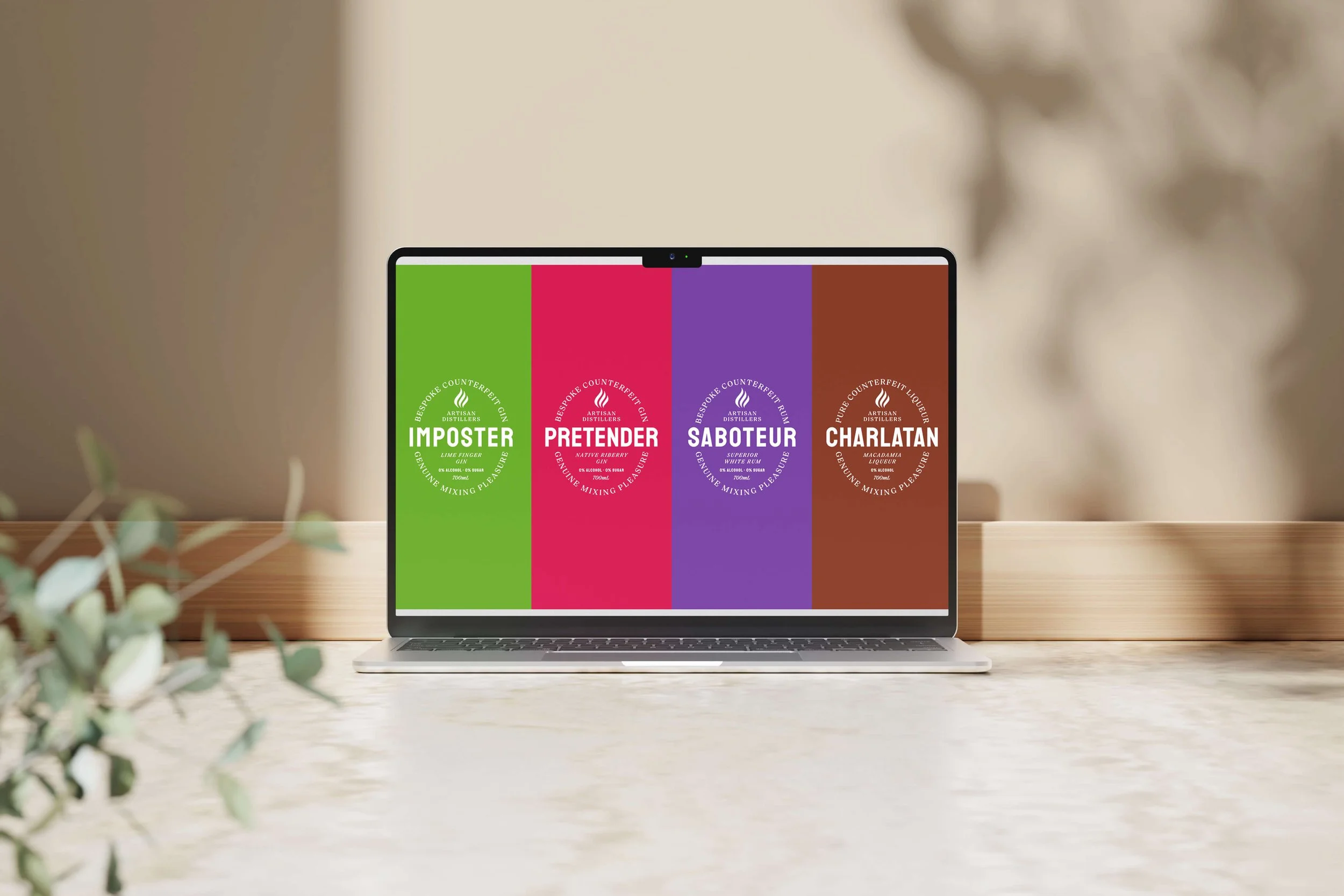 Laptop screen displaying four colorful label designs labeled Imposter, Pretender, Saboteur, and Charlatan.