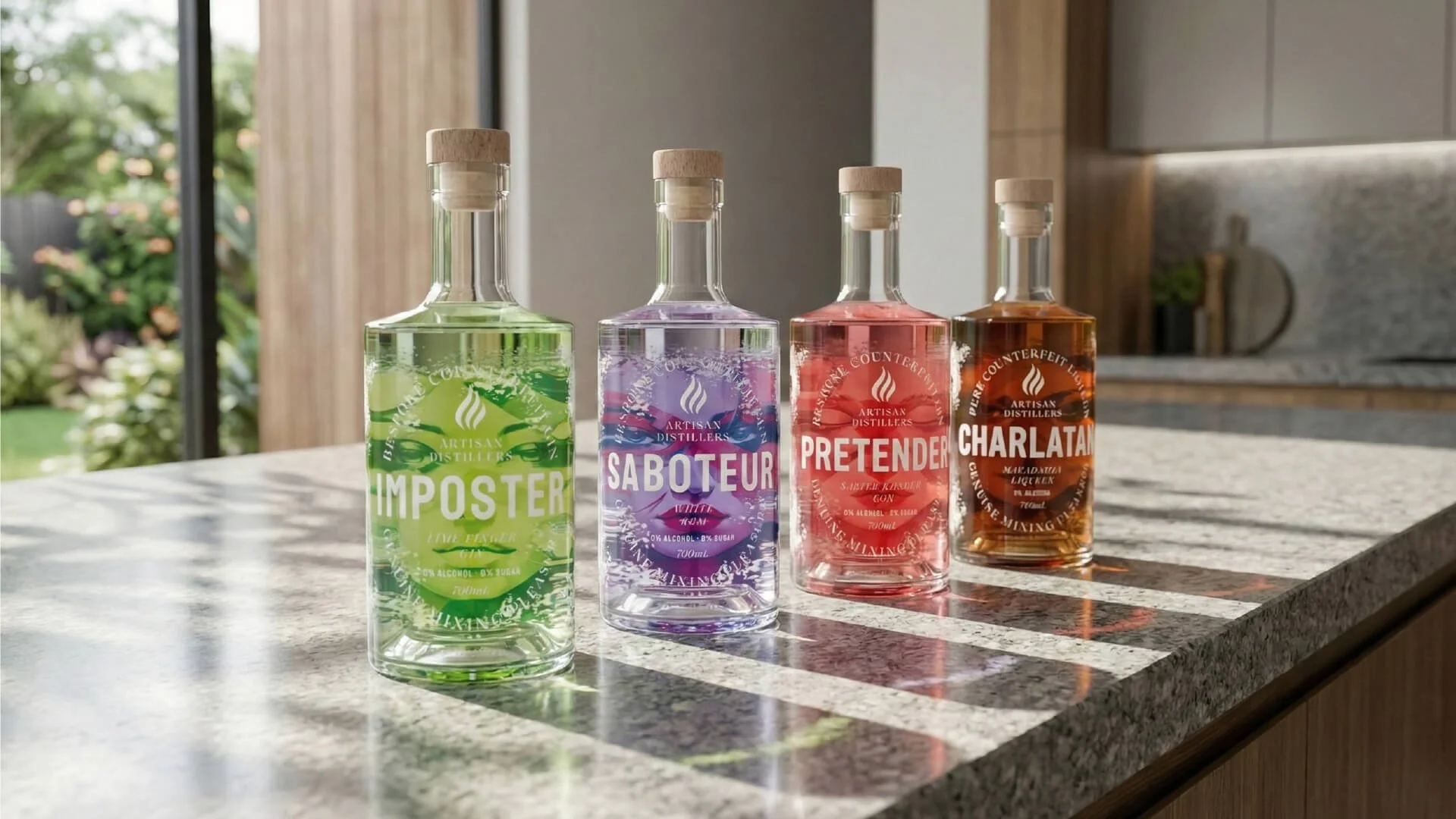 Four bottles of flavored liquids are lined up on a kitchen countertop. The bottles are labeled 'Imposter,' 'Saboteur,' 'Pretender,' and 'Charlatan,' in green, purple, red, and orange colors respectively. The kitchen has a large window showing a garden outside.