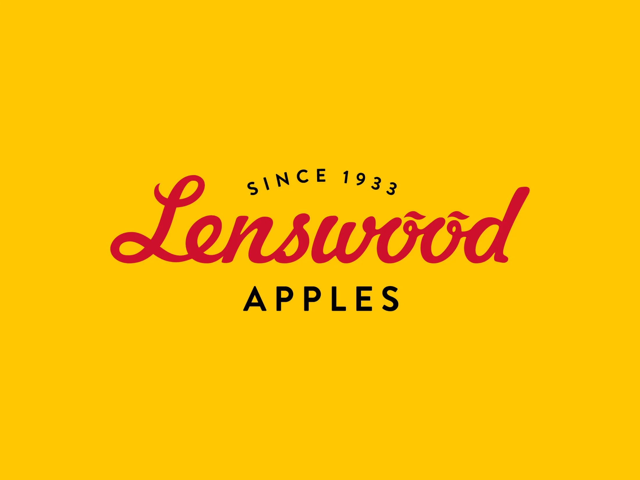 Lenswood Apples logo with yellow background, red cursive text for 'Lenswood', and black text for 'Apples' with 'Since 1933' above 'Lenswood'.
