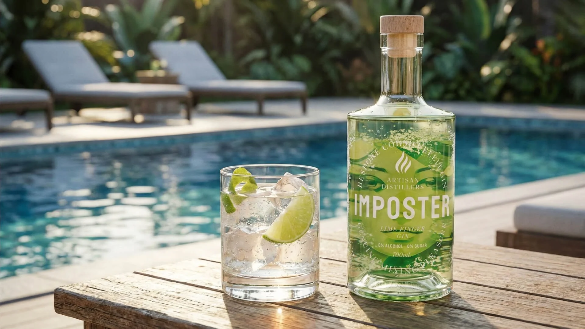 A glass and a bottle of lime and ginger flavored alcoholic beverage on a wooden table beside a swimming pool with pool chairs and lush greenery in the background.