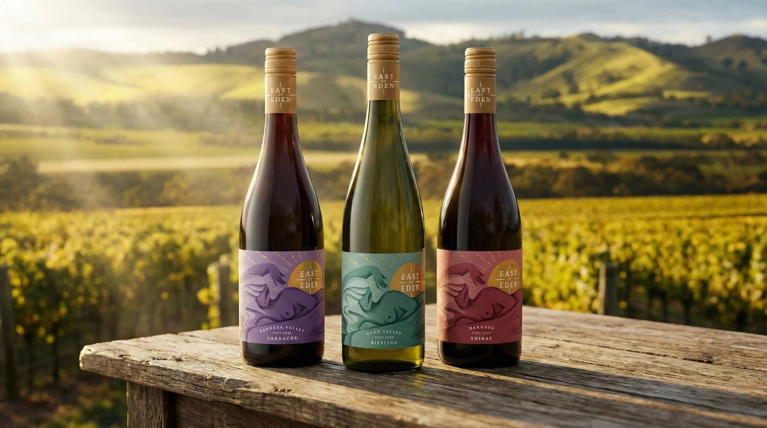 Three bottles of wine placed on a rustic wooden surface with a vineyard and rolling hills in the background under a partly cloudy sky.