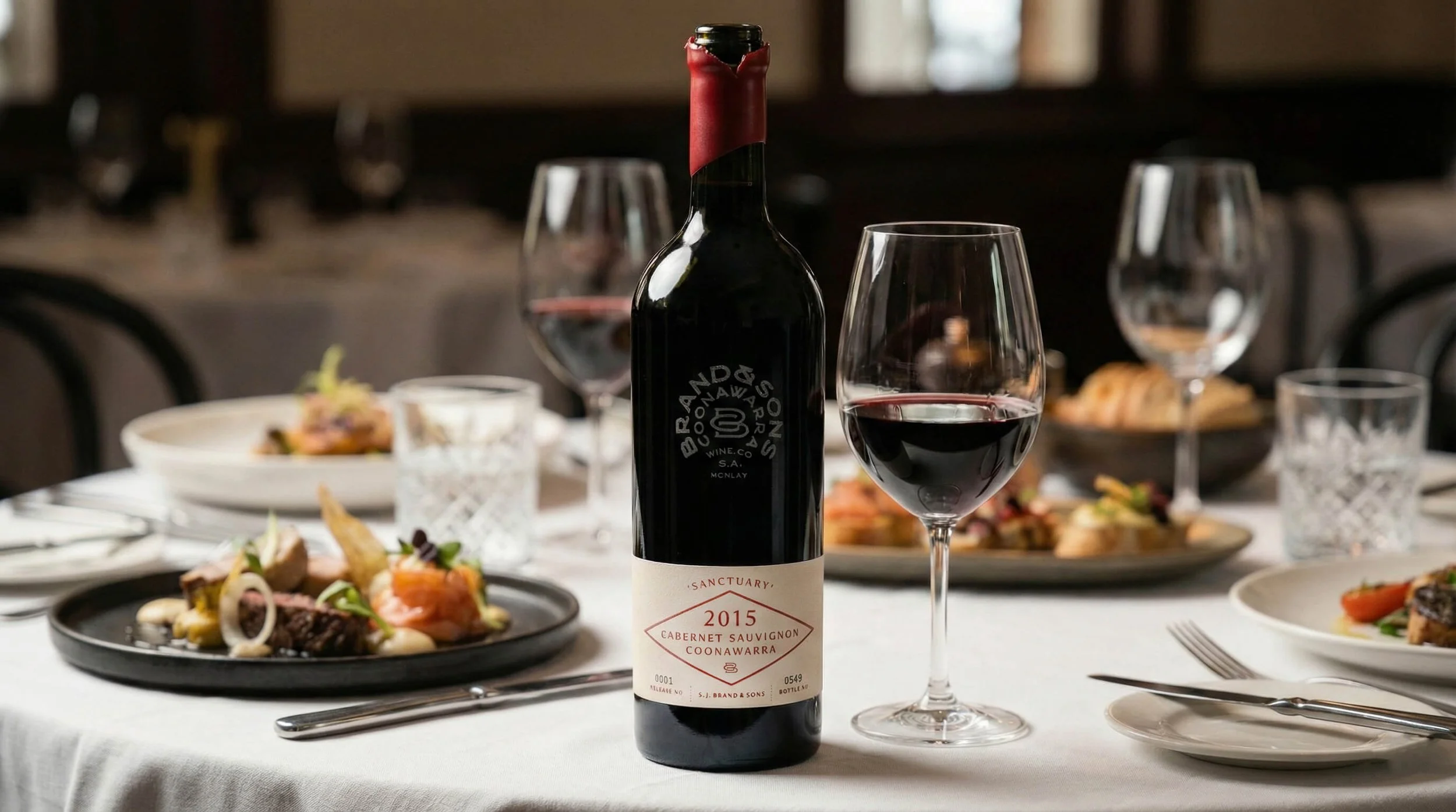 A bottle of red wine and a glass of red wine on a white tablecloth, surrounded by plates of gourmet food and other empty wine glasses in a restaurant setting.