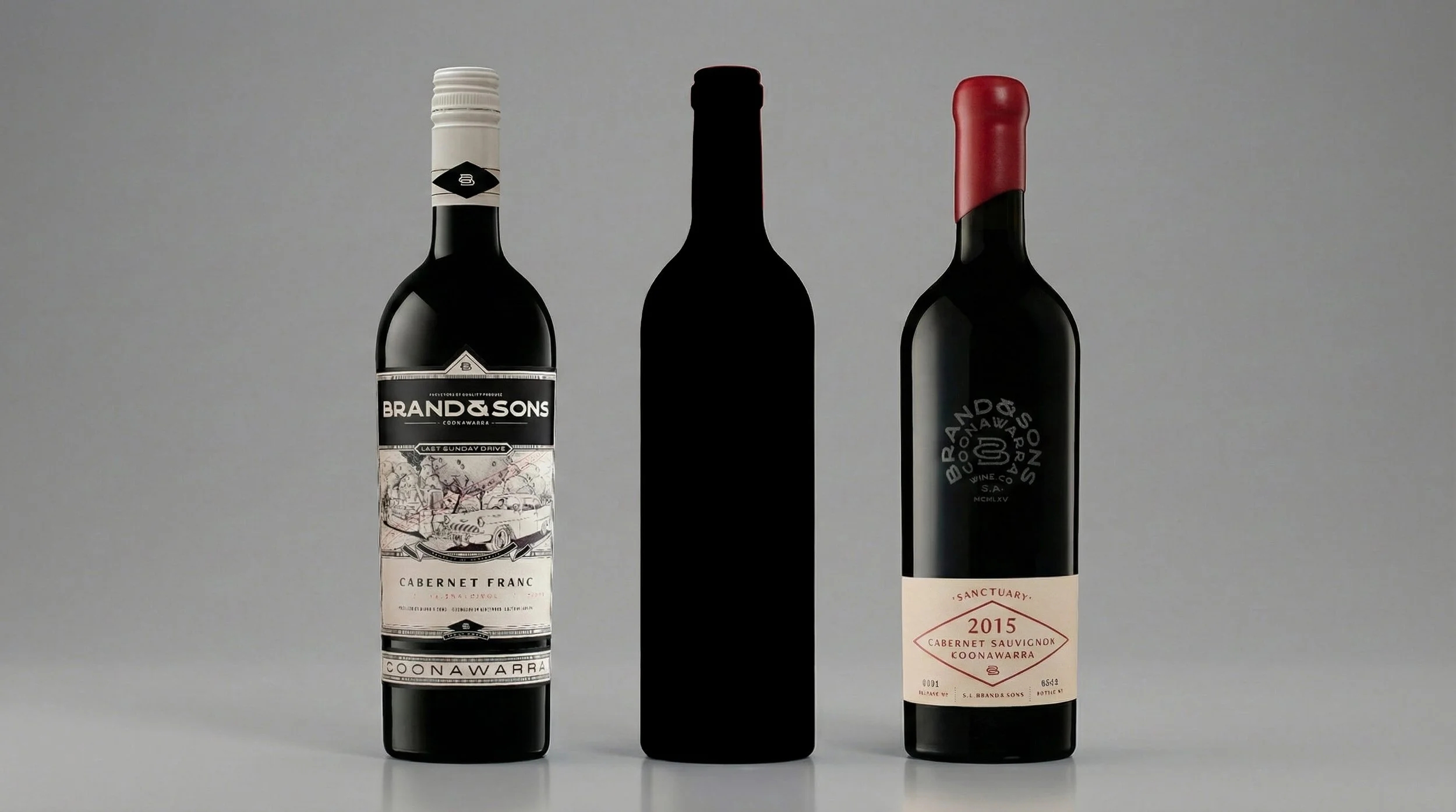 Three wine bottles on a gray background, with the middle bottle obscured and not visible.