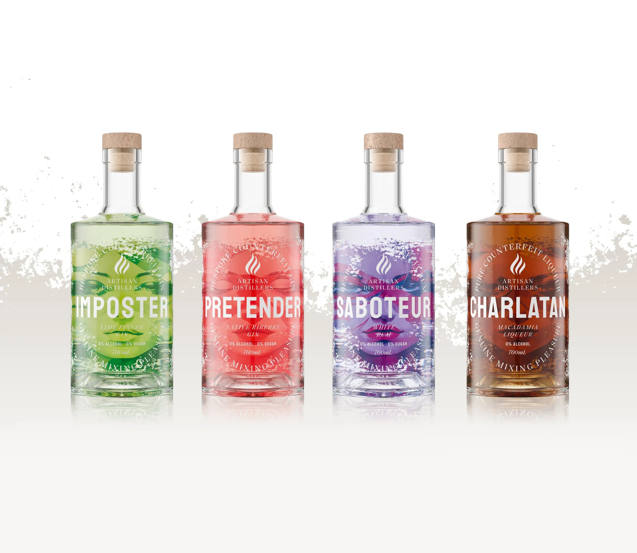 Four bottles of colorful gin with labels reading 'Imposter,' 'Pretender,' 'Saboteur,' and 'Charlatan,' arranged in a line, each with a wooden cap and liquid matching their label color.