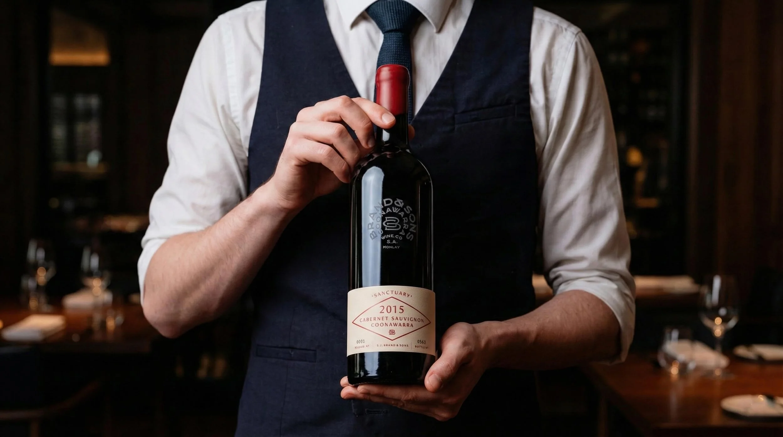 Person holding a bottle of red wine in a dimly lit restaurant.