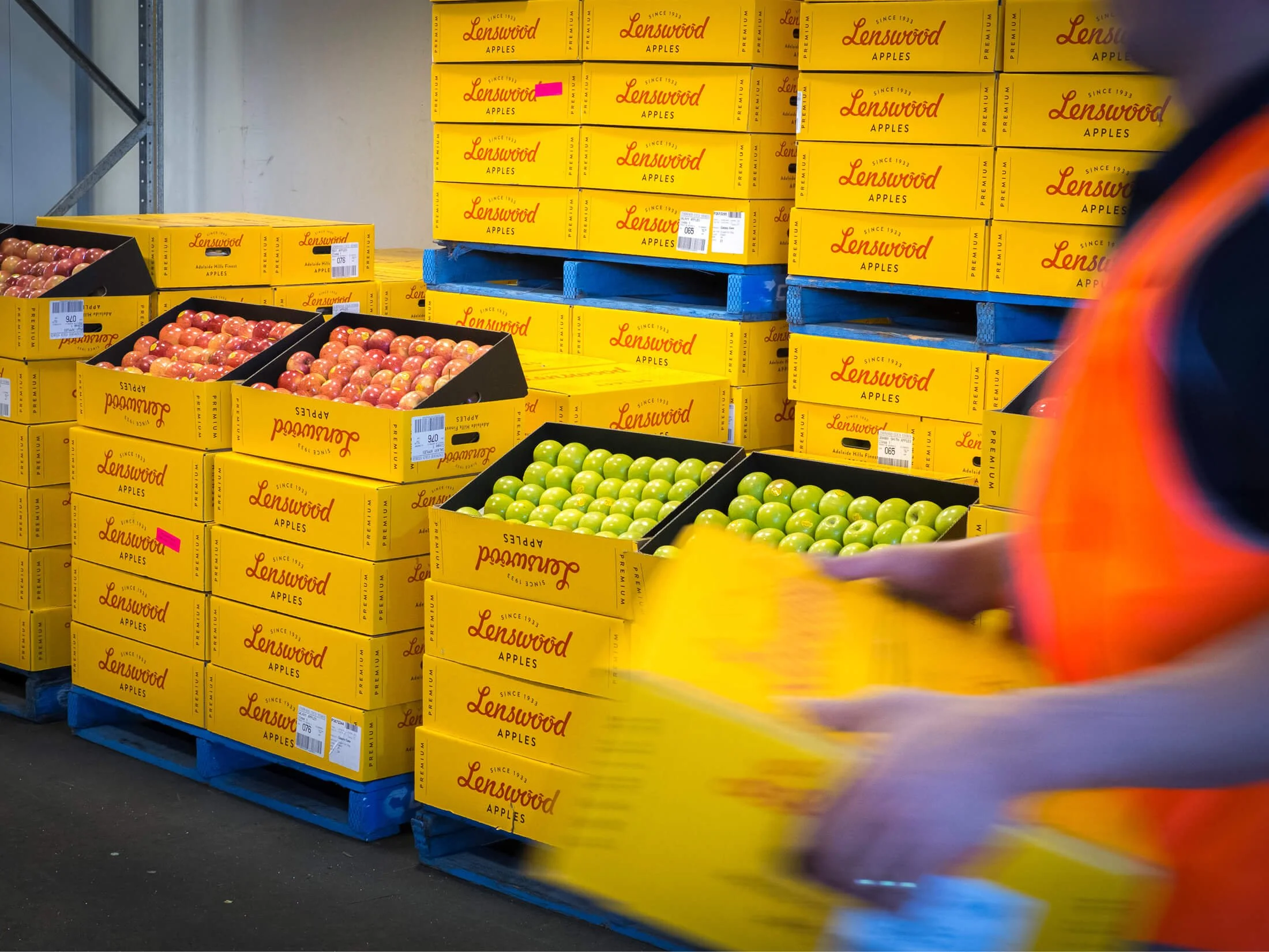 Stacks of yellow boxes labeled 'Lenswood Apples' with red and green apples in black trays in a warehouse or grocery store. A person wearing an orange safety vest is handling a yellow box.