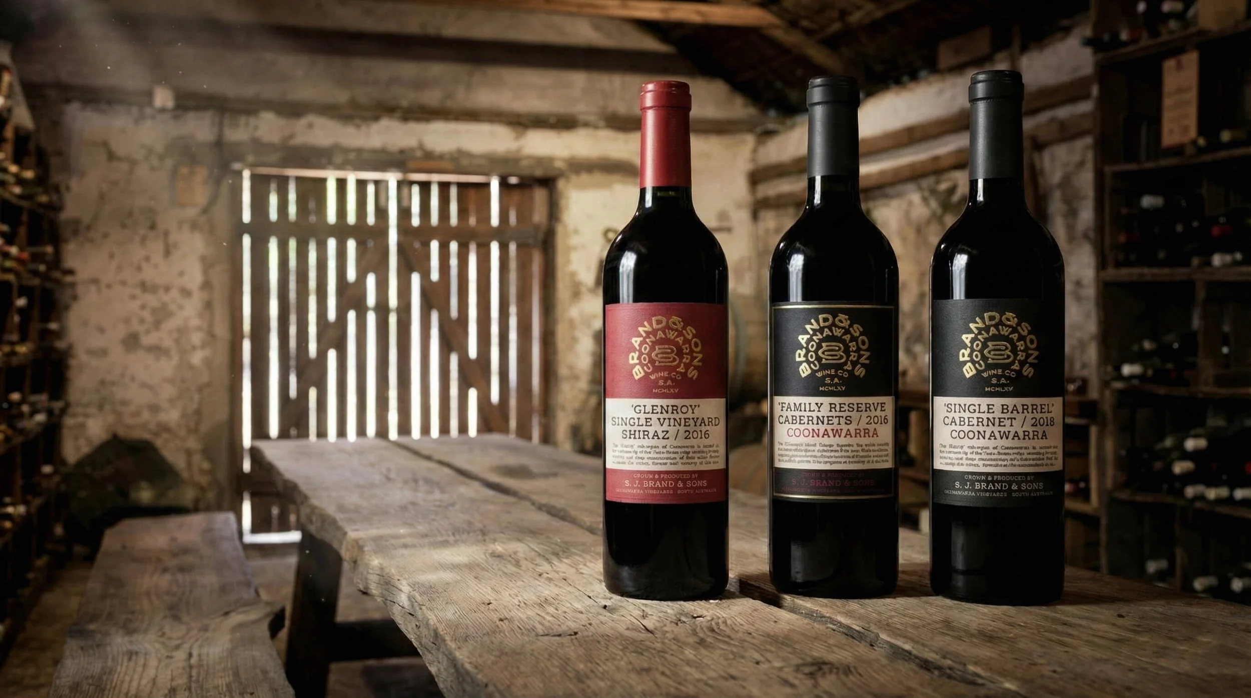Three bottles of wine on a rustic wooden table inside a wine cellar with stone walls and wooden shelves filled with wine bottles.