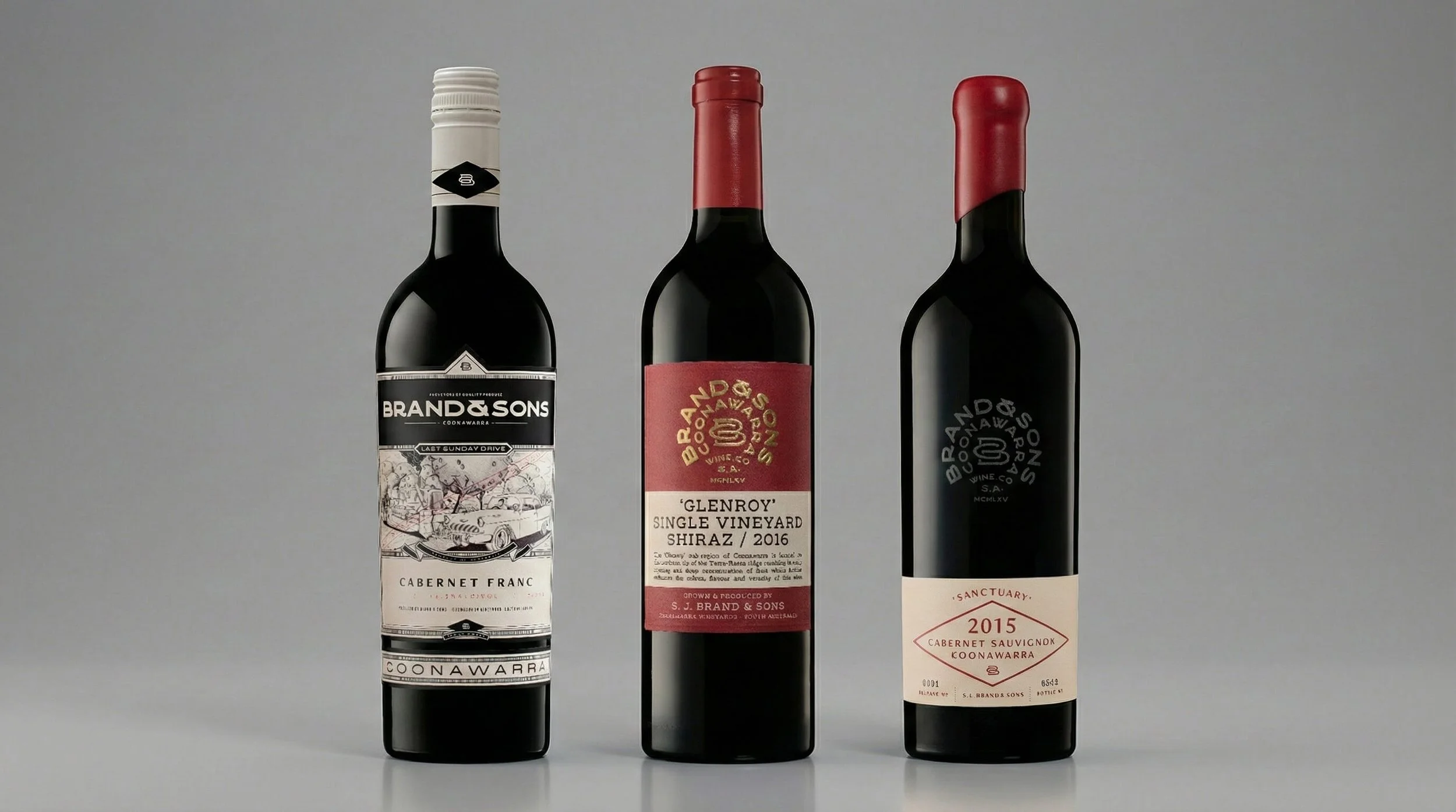 Three bottles of wine in a row against a grey background, with labels indicating the wine portfolio, range, brands and types, including Cabernet Franc and Shiraz.