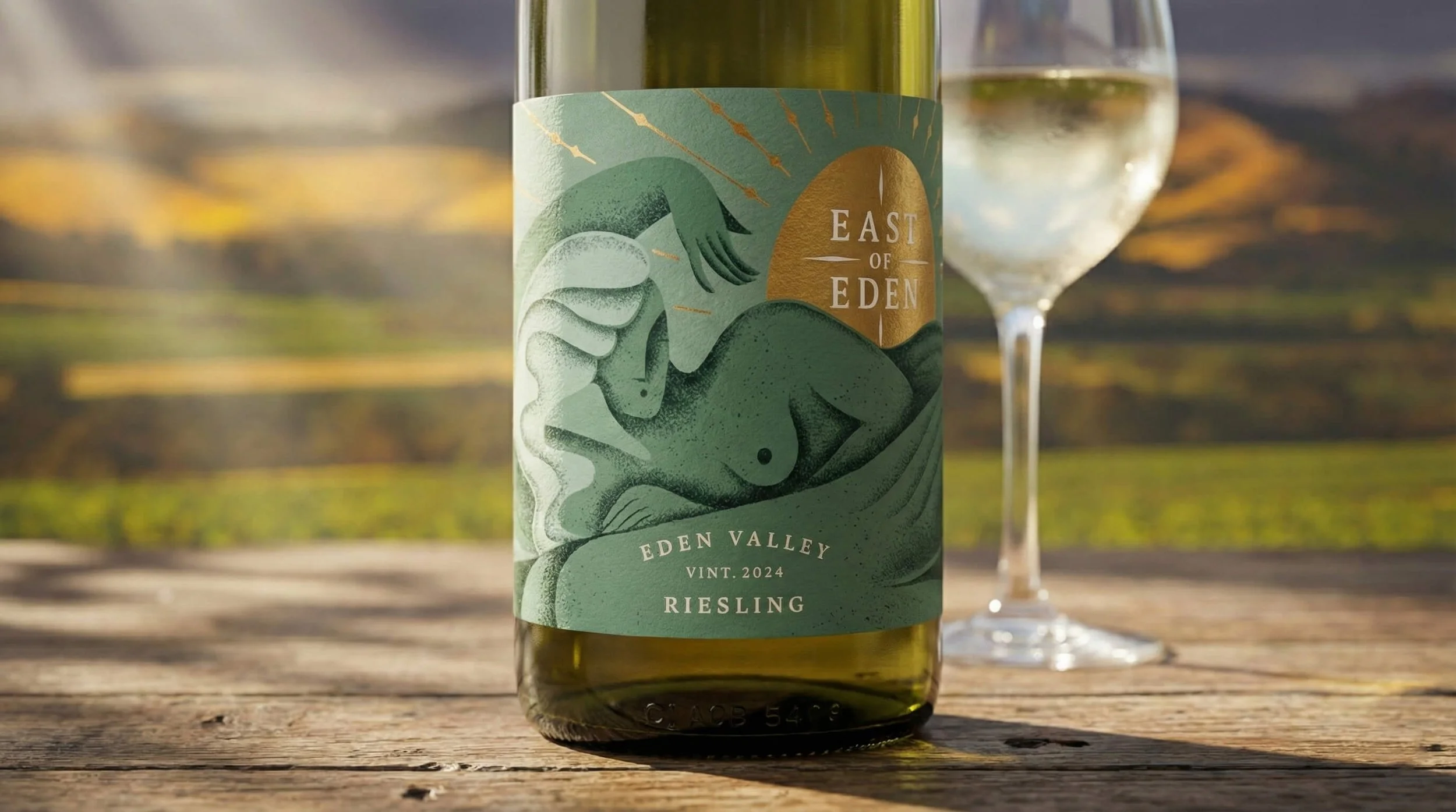 A bottle of Eden Valley Riesling wine with a fantasy-style label featuring a reclining female figure and a setting sun, placed on a wooden surface outdoors with a glass of white wine in the background and a vineyard landscape.