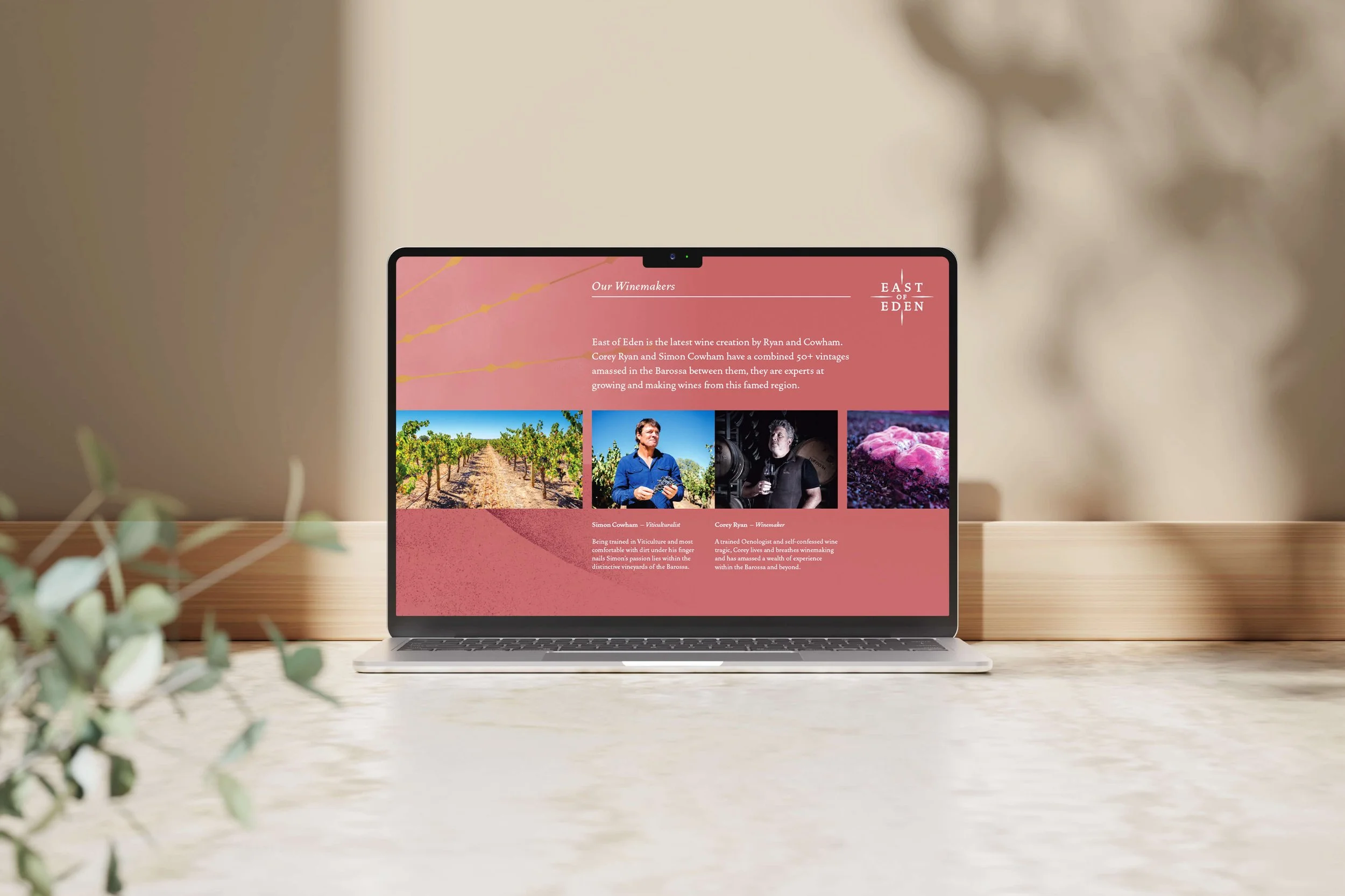 Laptop on a wooden table displaying a webpage about East of Eden wine, featuring images of vineyards, two winemakers, and a wine grape.