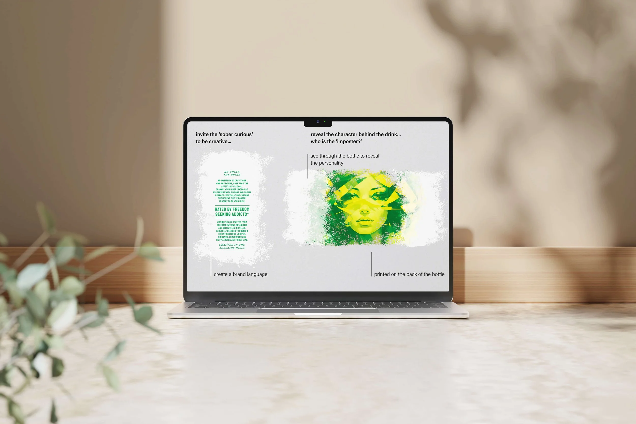 Open laptop on a wooden table displaying an infographic about a beverage bottle, with text and an artistic green and yellow face image, surrounded by a brown wall and some blurred plants in the foreground.