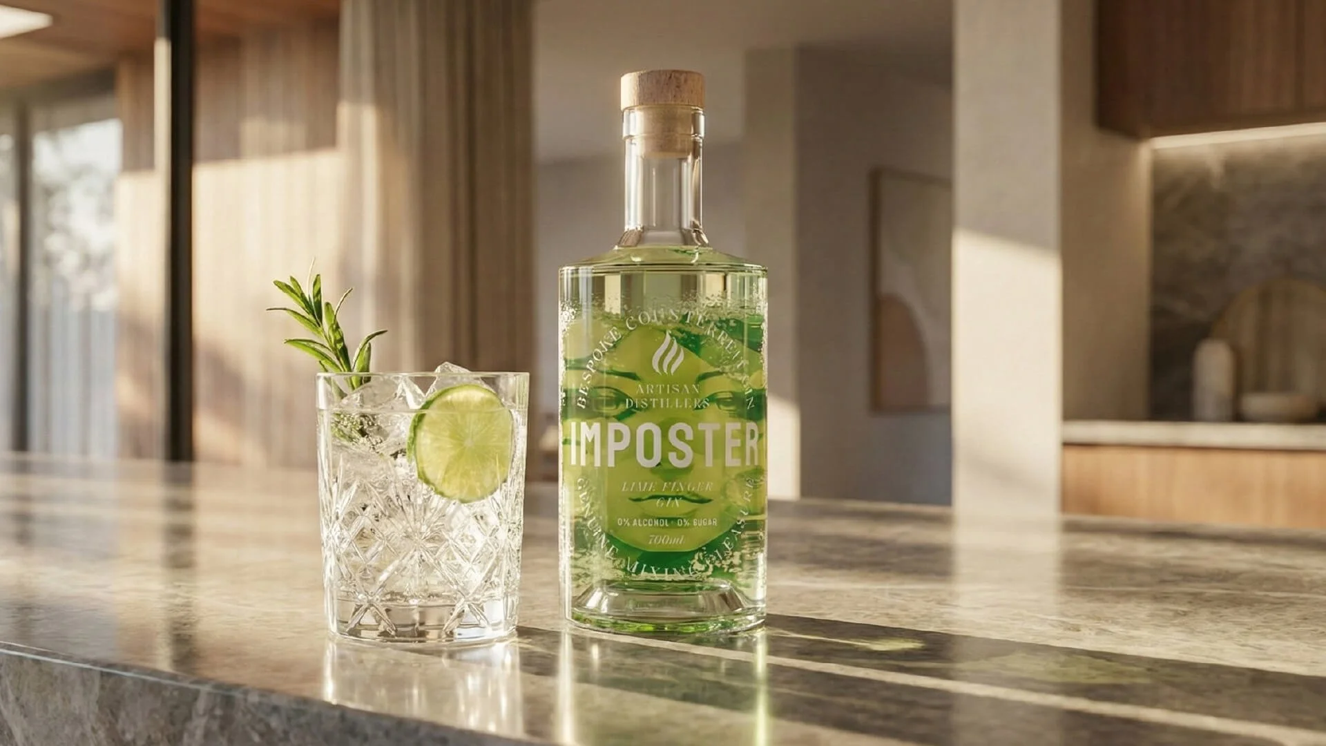 A crystal glass filled with ice, a slice of lime, and a sprig of rosemary next to a bottle of Imposer Lime Flavoured Zero Alcohol Gin on a kitchen countertop.