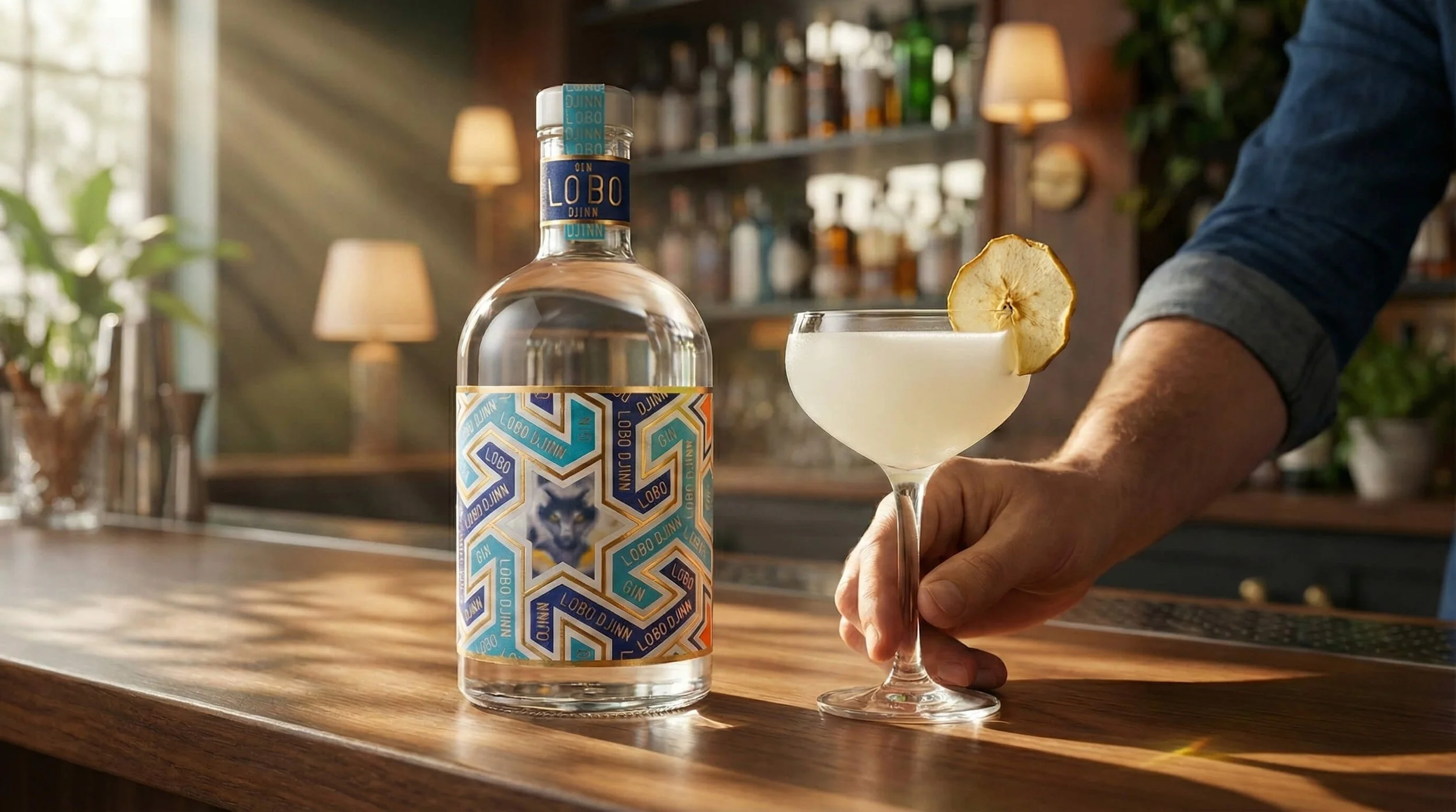 A person pouring a lemon cocktail into a coupe glass garnished with a dried apple slice, with a bottle of Lobo gin on a wooden bar counter in a warmly lit bar setting.