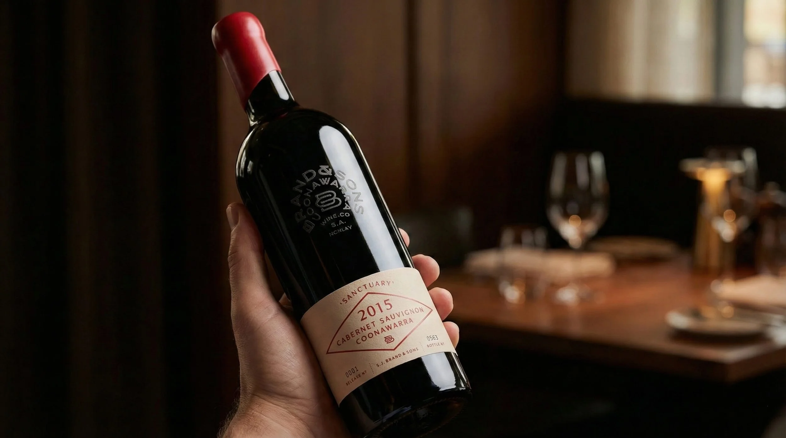 A hand holding a bottle of red wine labeled 'Sanctuary 2015 Cabernet Sauvignon Coonawarra' in a dimly lit dining setting with wine glasses and a wooden table in the background.