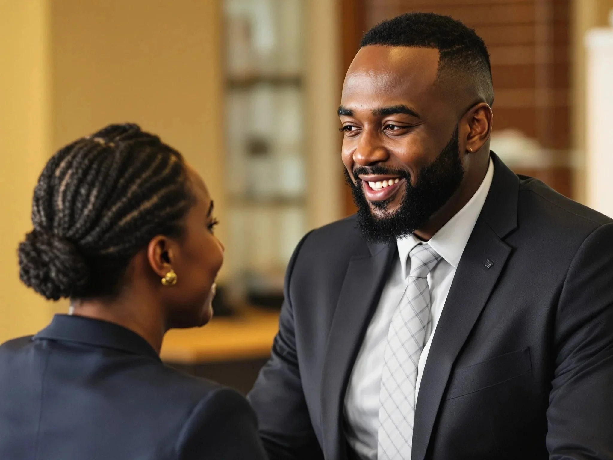 A man and woman smiling at each other indoors, both dressed in business attire. The man has a beard and a short haircut, and the woman has braided hair styled in an updo with earrings.