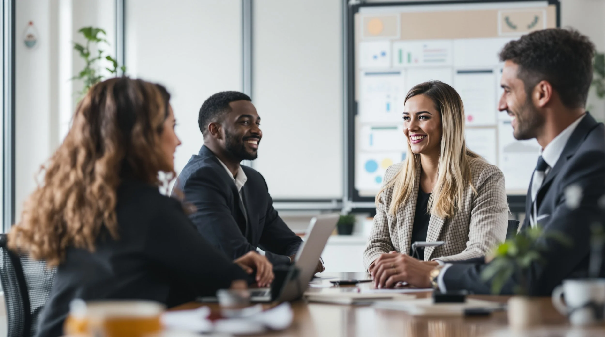 Group of five diverse professionals having a meeting in a conference room and smiling.