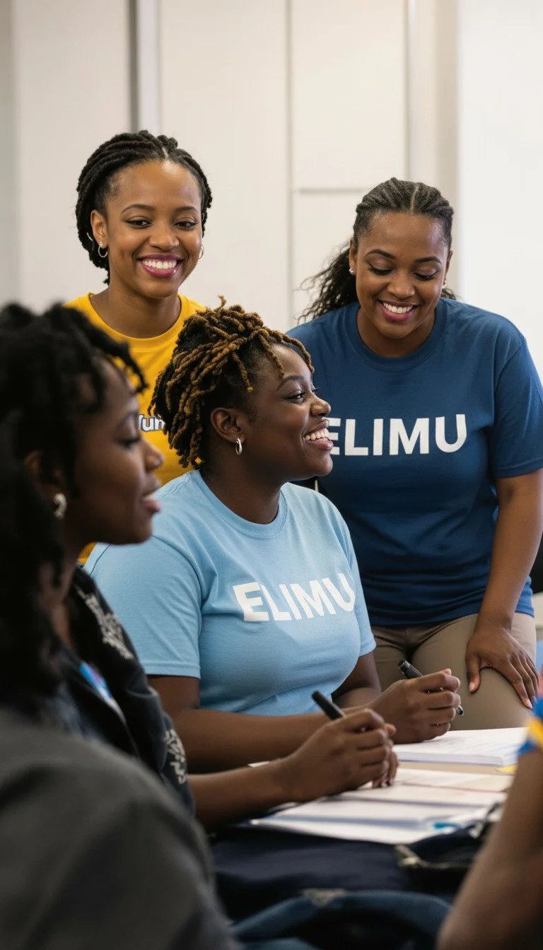 Group of women smiling and engaging in a discussion or meeting, some taking notes with pens.