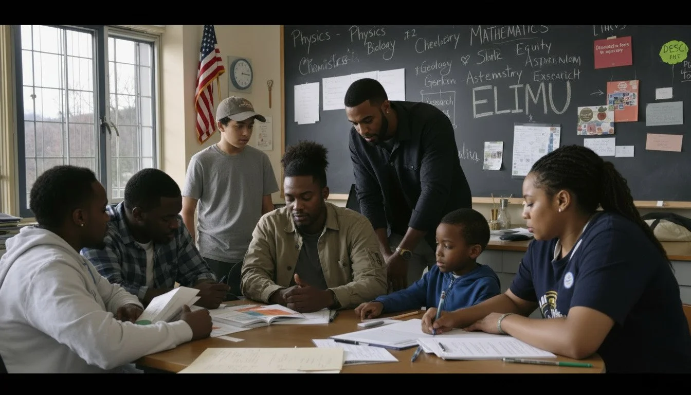 A diverse group of students and a teacher in a classroom gathered around a desk, engaged in discussion or studying, with a chalkboard filled with notes and posters behind them.