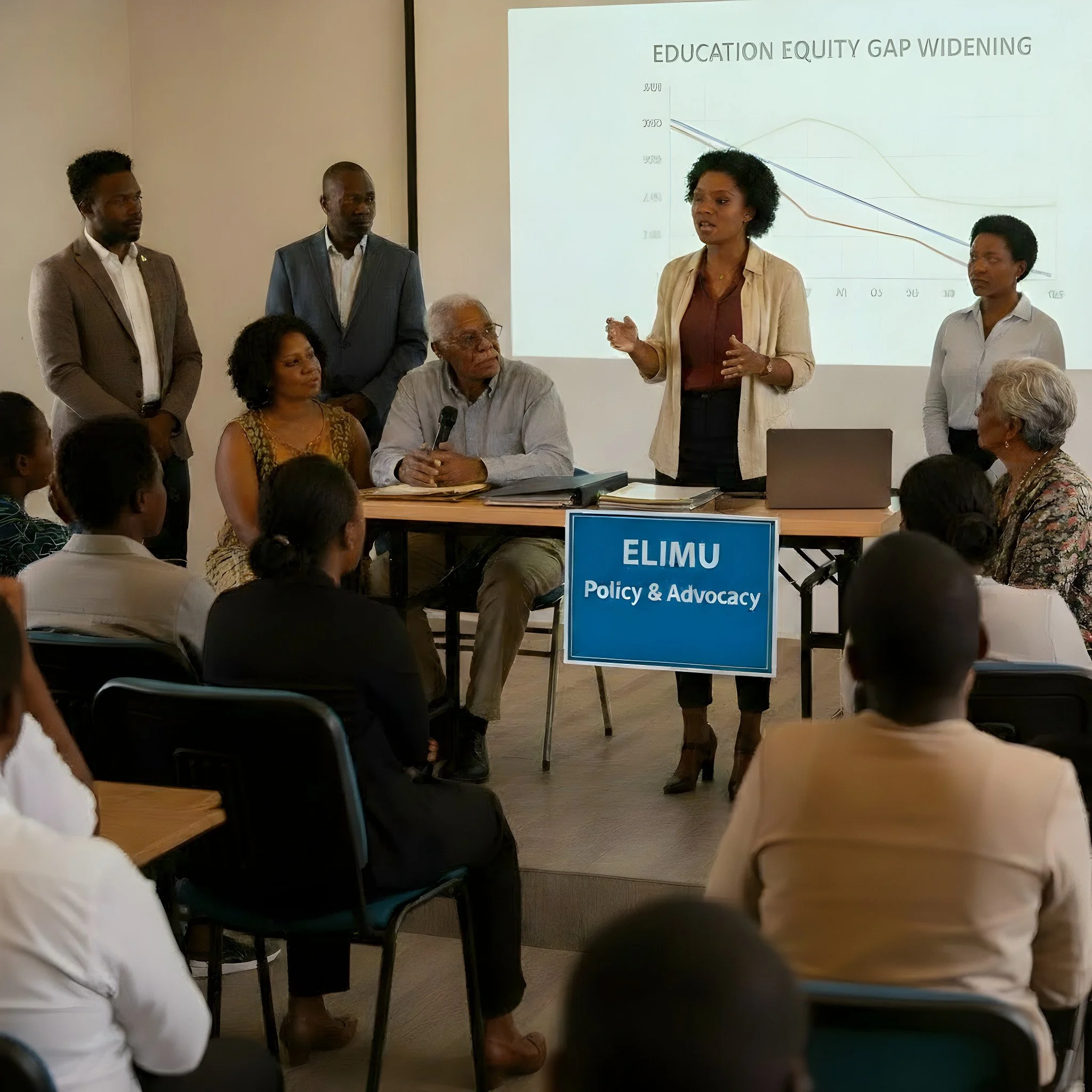 Group of diverse people attending a presentation on education equity at a panel with a sign that reads 'ELIMU Policy & Advocacy' and a slide showing 'EDUCATION EQUITY GAP WIDENING' on a screen.