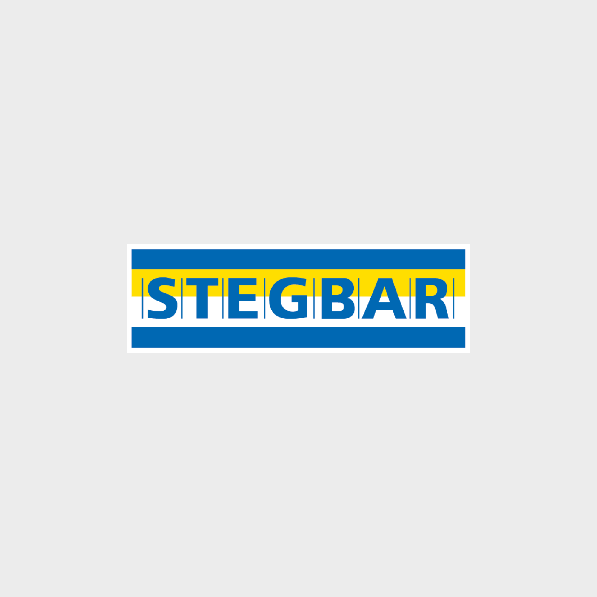 The logo for a store called 'STEGBAR' in blue and yellow with a rectangular background.