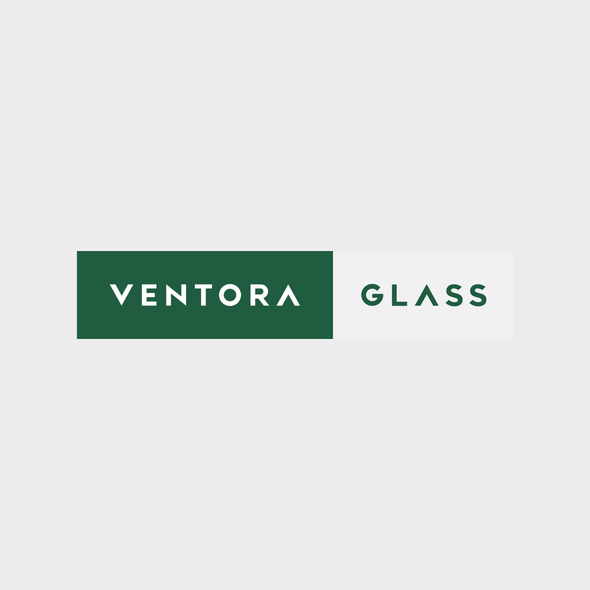 Logo with the words 'Ventora Glass' in white text on a dark green background, next to the words 'Glass' in dark green text on a white background.